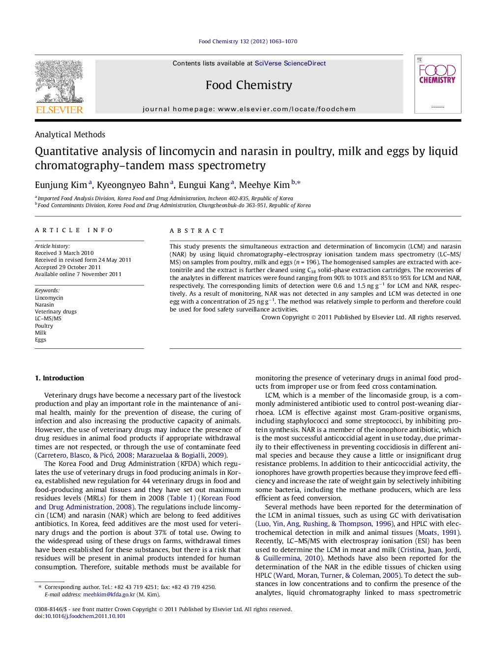 Quantitative analysis of lincomycin and narasin in poultry, milk and eggs by liquid chromatography-tandem mass spectrometry