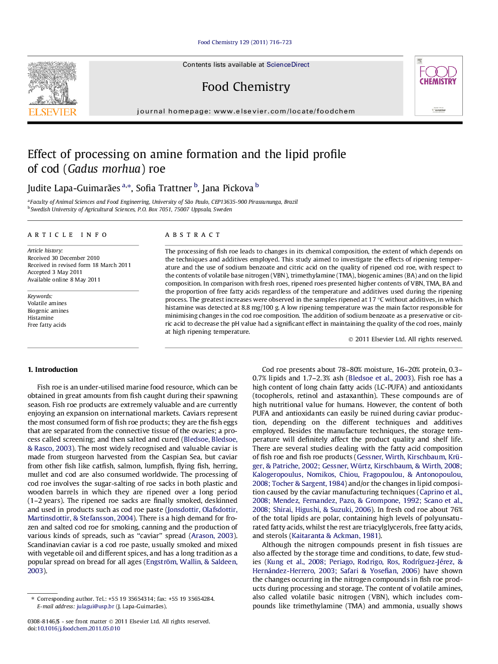 Effect of processing on amine formation and the lipid profile of cod (Gadus morhua) roe