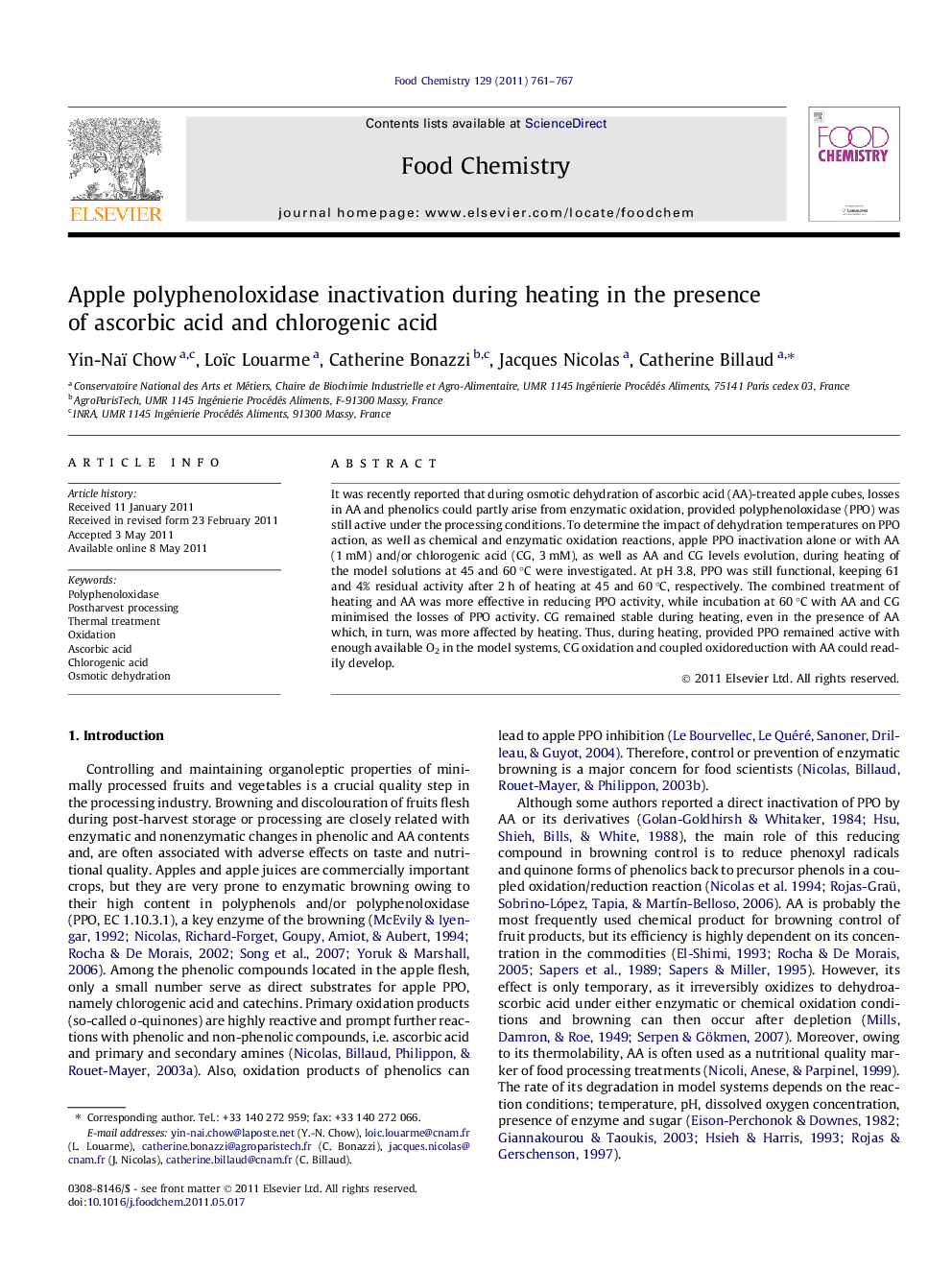 Apple polyphenoloxidase inactivation during heating in the presence of ascorbic acid and chlorogenic acid