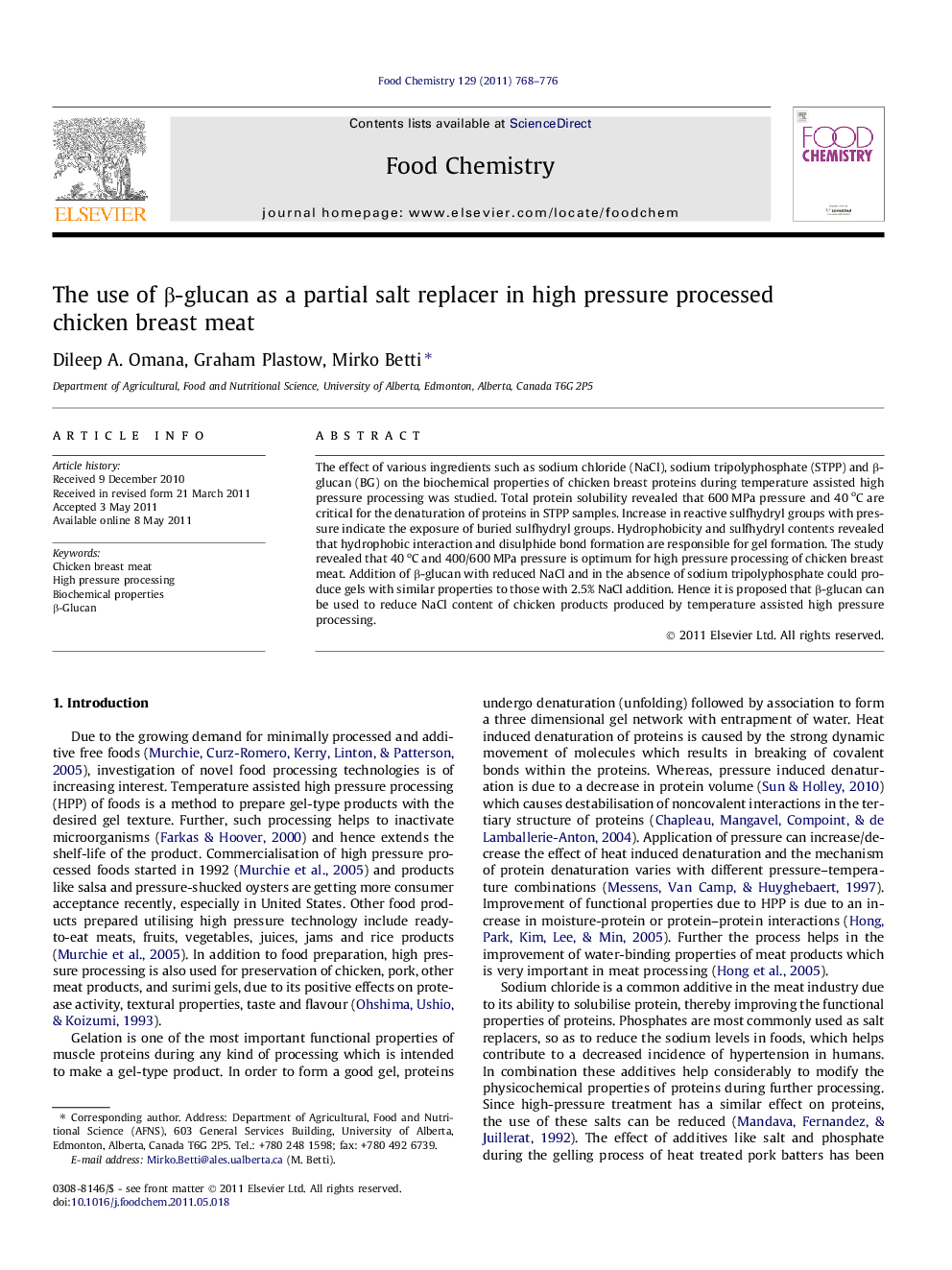 The use of Î²-glucan as a partial salt replacer in high pressure processed chicken breast meat