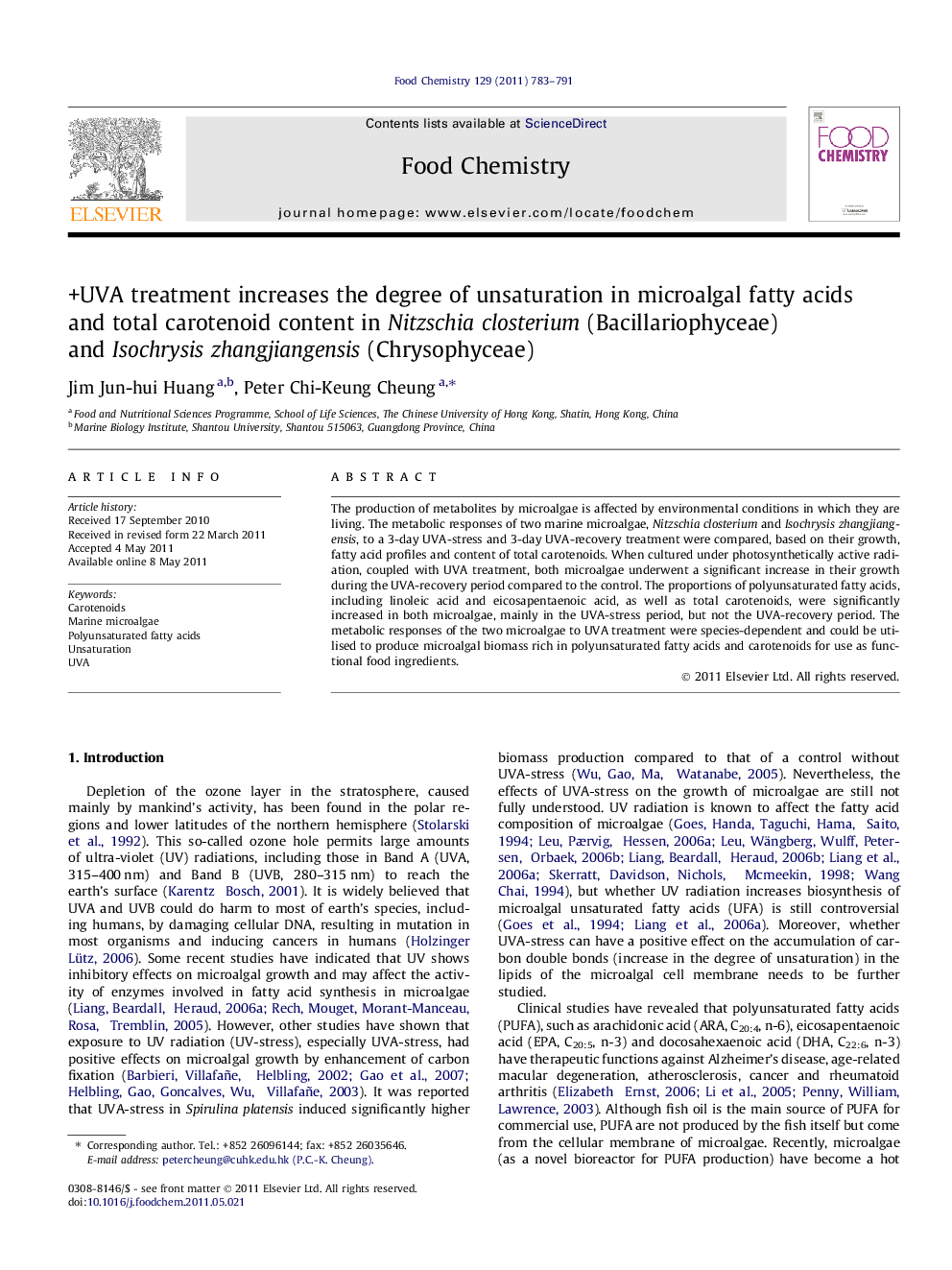 +UVA treatment increases the degree of unsaturation in microalgal fatty acids and total carotenoid content in Nitzschia closterium (Bacillariophyceae) and Isochrysis zhangjiangensis (Chrysophyceae)