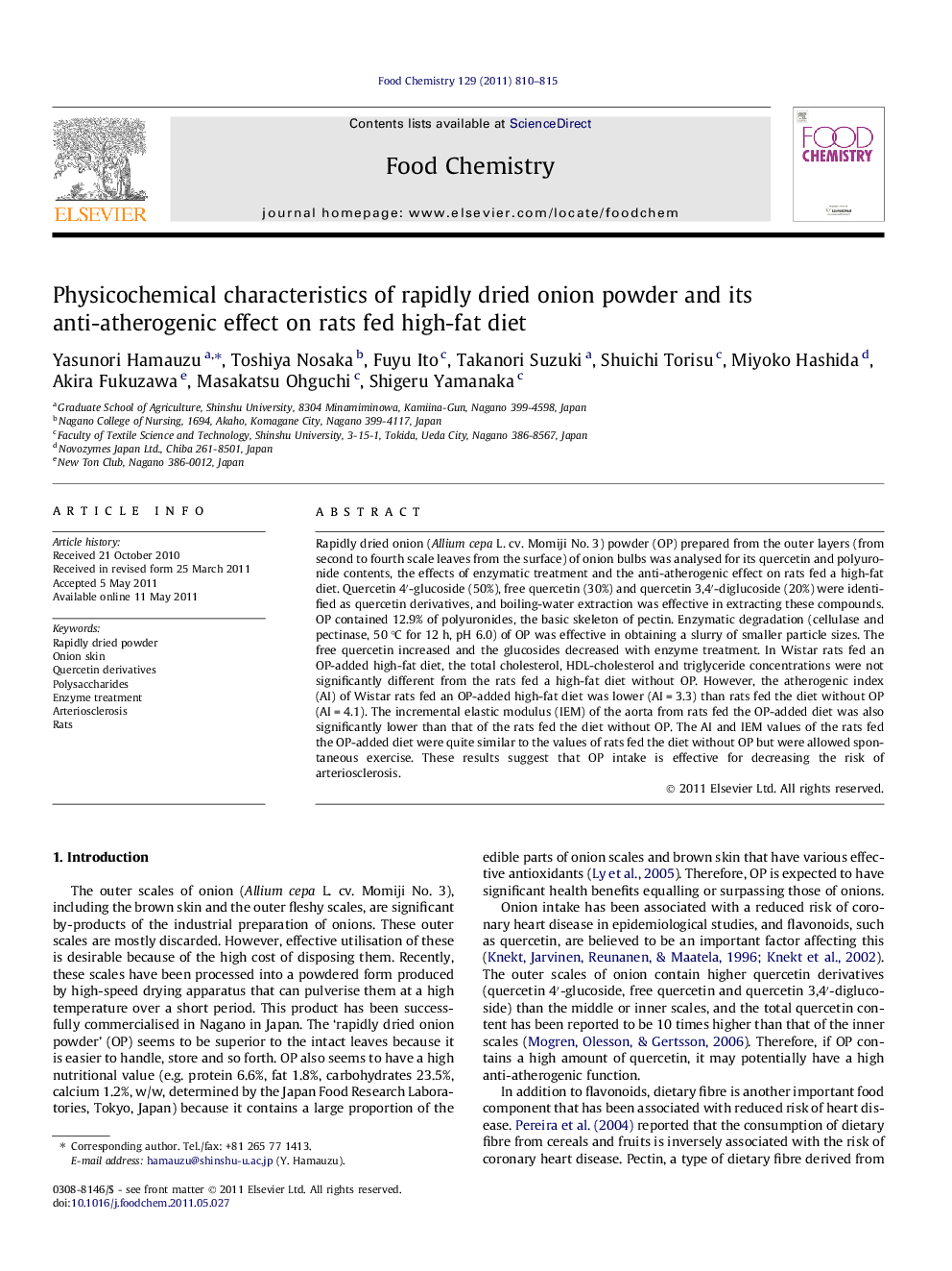 Physicochemical characteristics of rapidly dried onion powder and its anti-atherogenic effect on rats fed high-fat diet