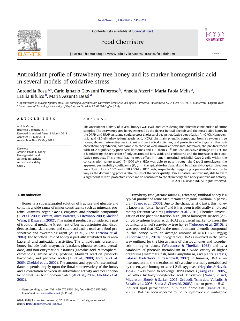 Antioxidant profile of strawberry tree honey and its marker homogentisic acid in several models of oxidative stress