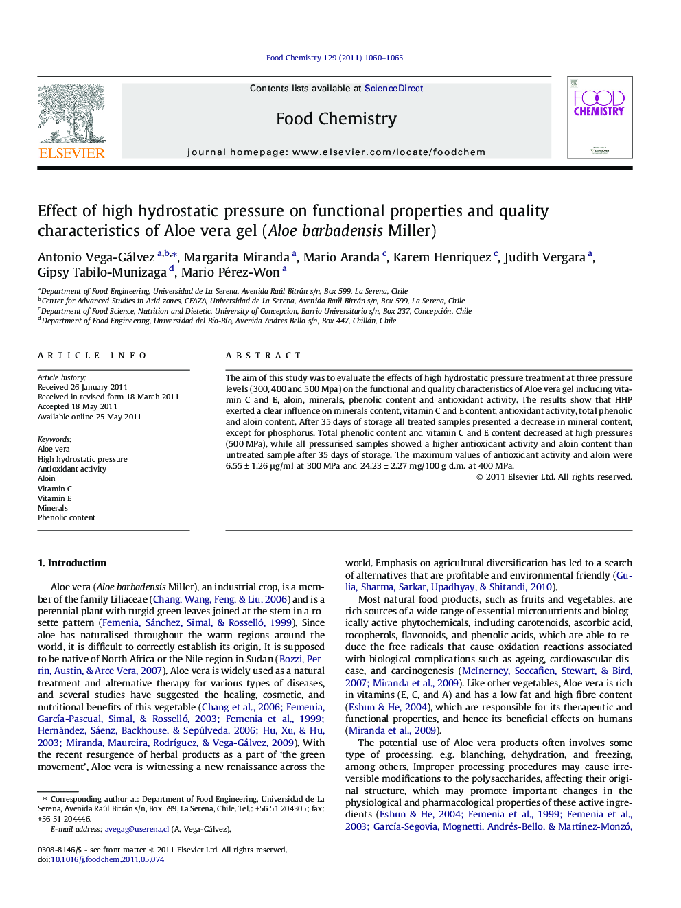 Effect of high hydrostatic pressure on functional properties and quality characteristics of Aloe vera gel (Aloe barbadensis Miller)