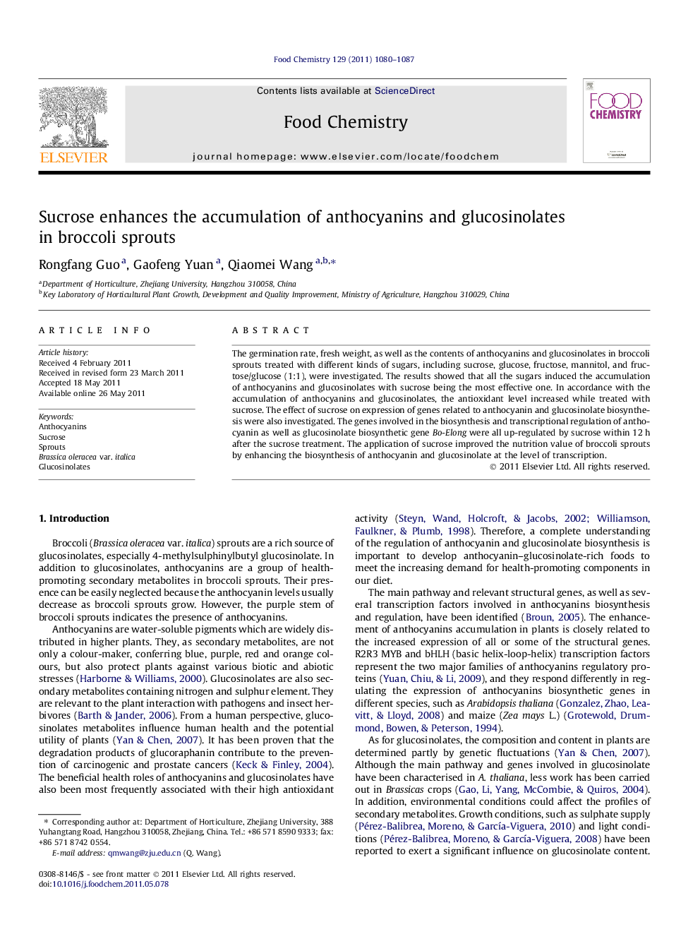 Sucrose enhances the accumulation of anthocyanins and glucosinolates in broccoli sprouts