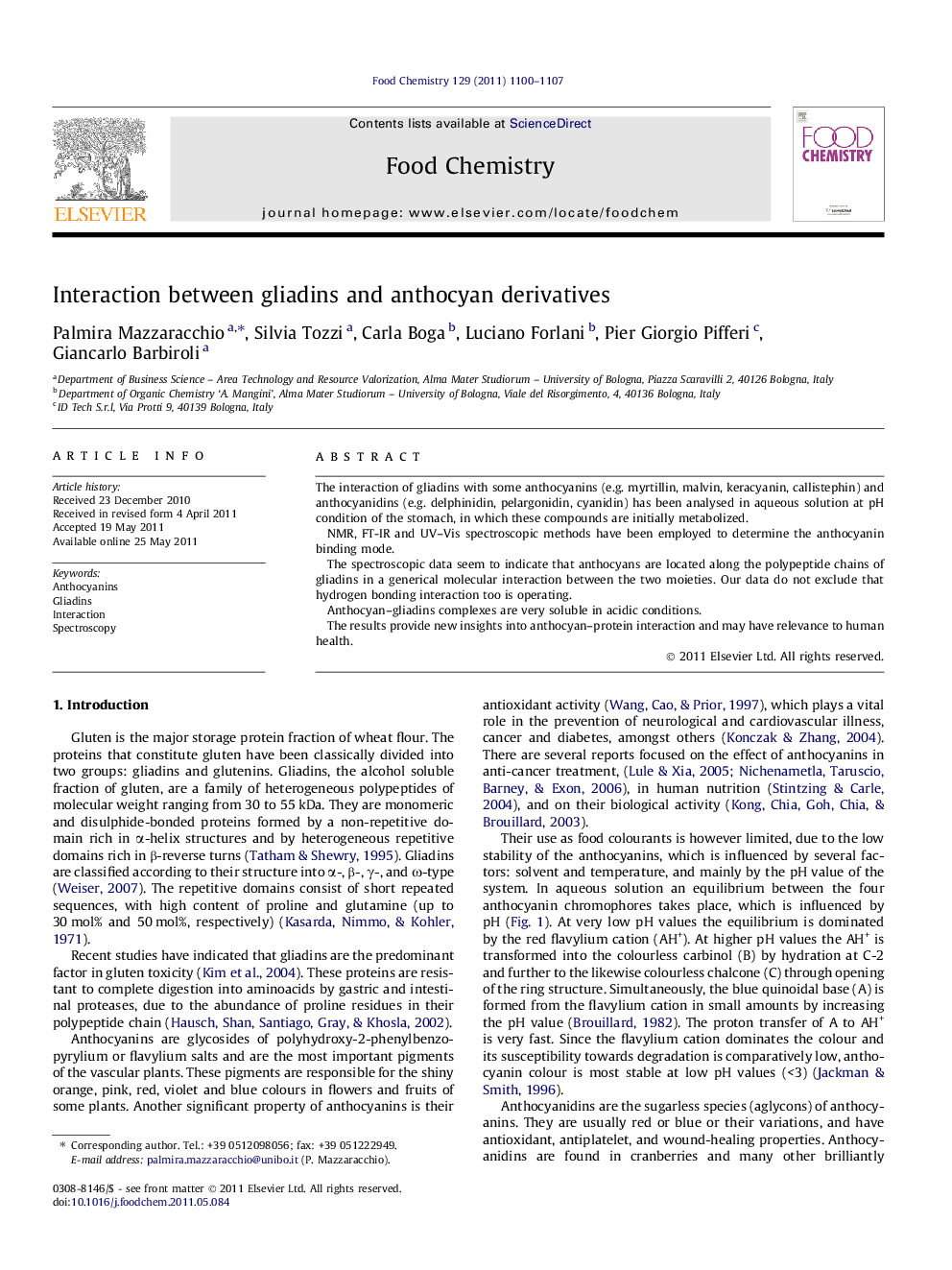 Interaction between gliadins and anthocyan derivatives