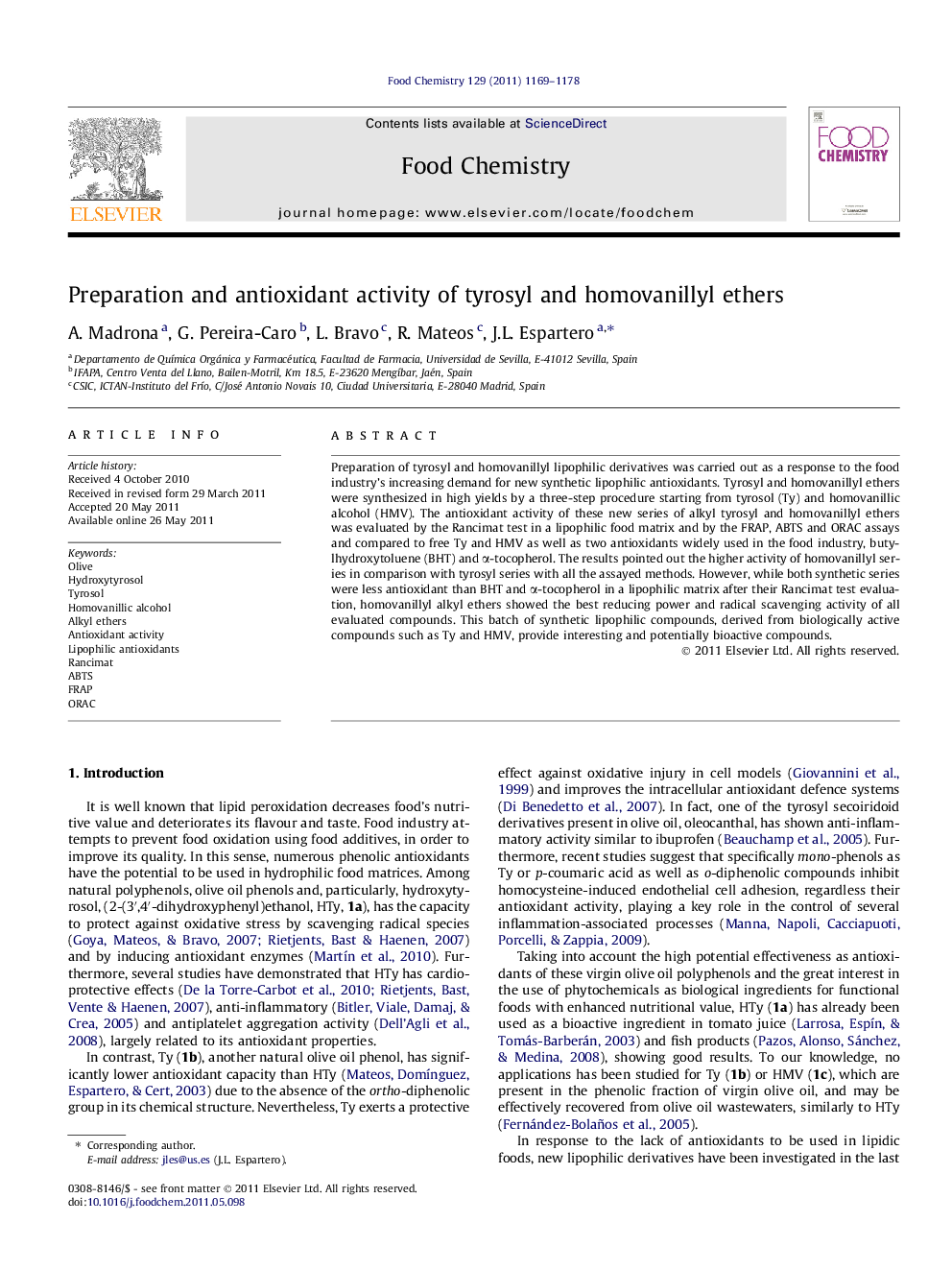 Preparation and antioxidant activity of tyrosyl and homovanillyl ethers