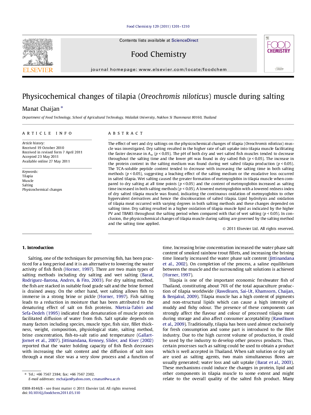 Physicochemical changes of tilapia (Oreochromis niloticus) muscle during salting