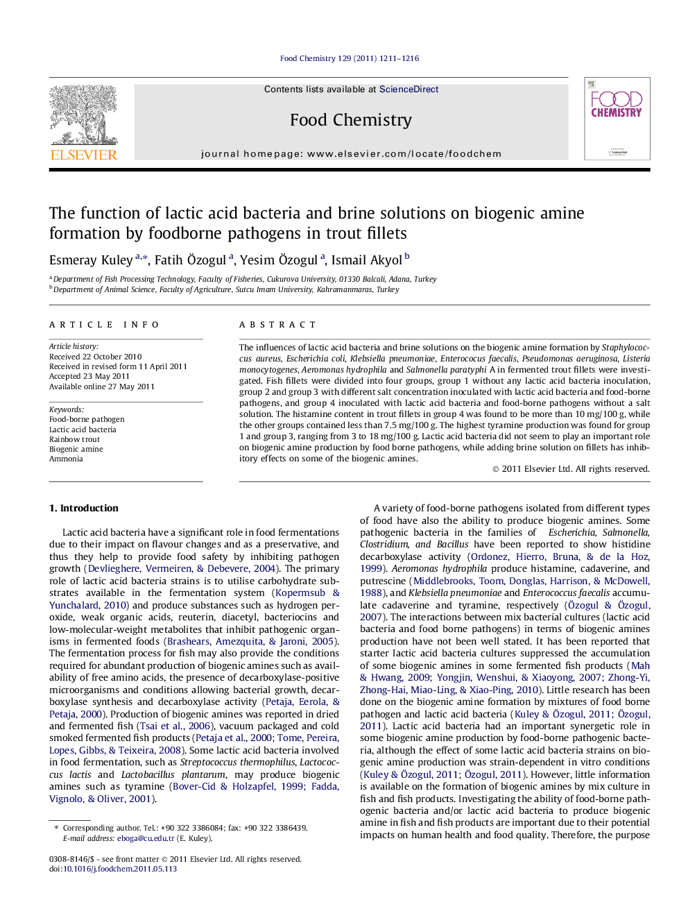 The function of lactic acid bacteria and brine solutions on biogenic amine formation by foodborne pathogens in trout fillets