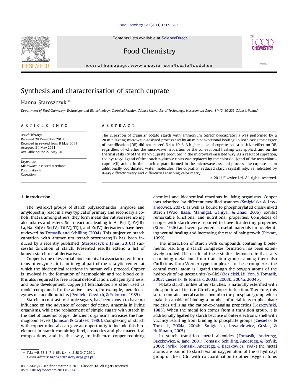 Synthesis and characterisation of starch cuprate