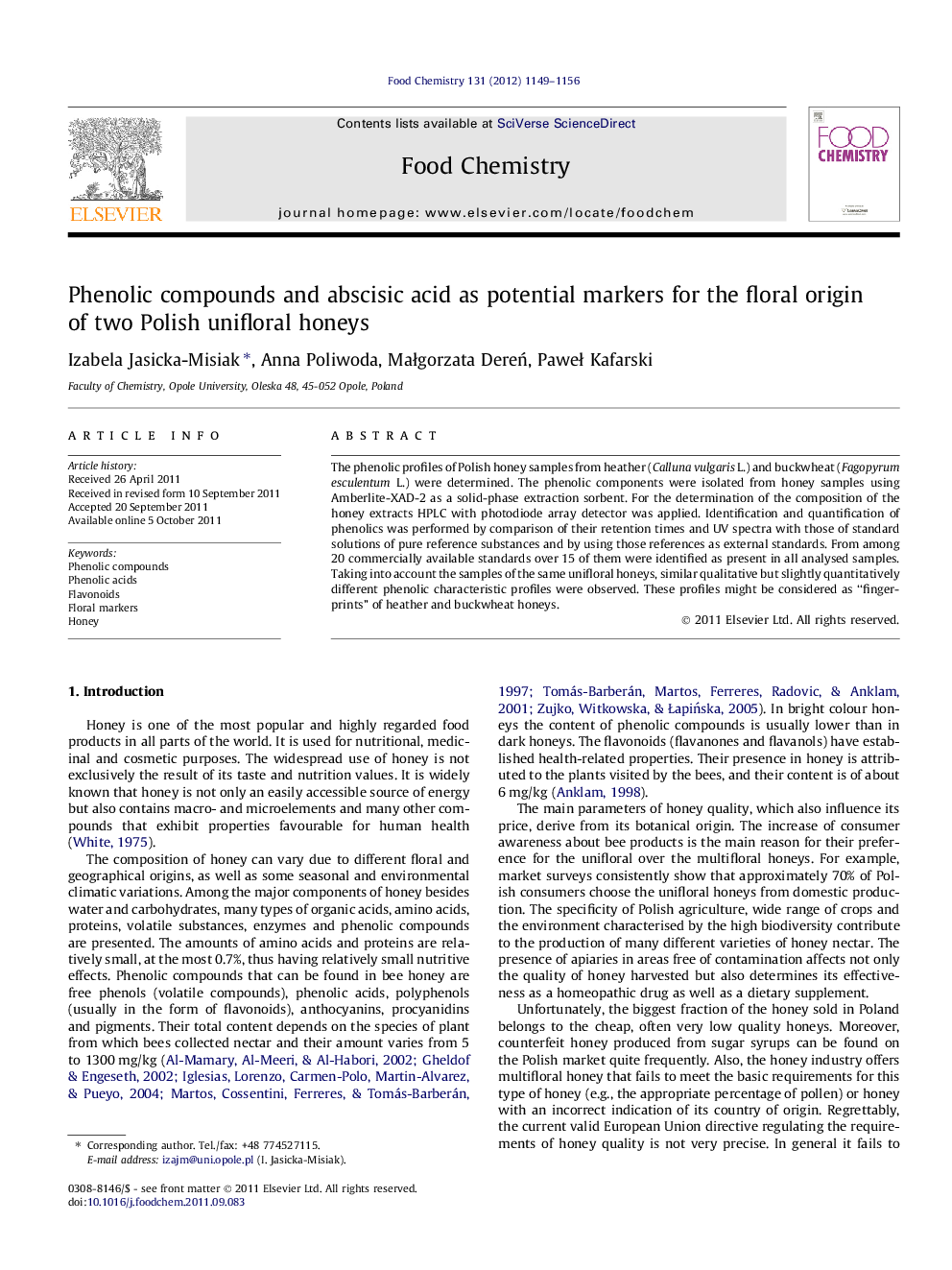 Phenolic compounds and abscisic acid as potential markers for the floral origin of two Polish unifloral honeys