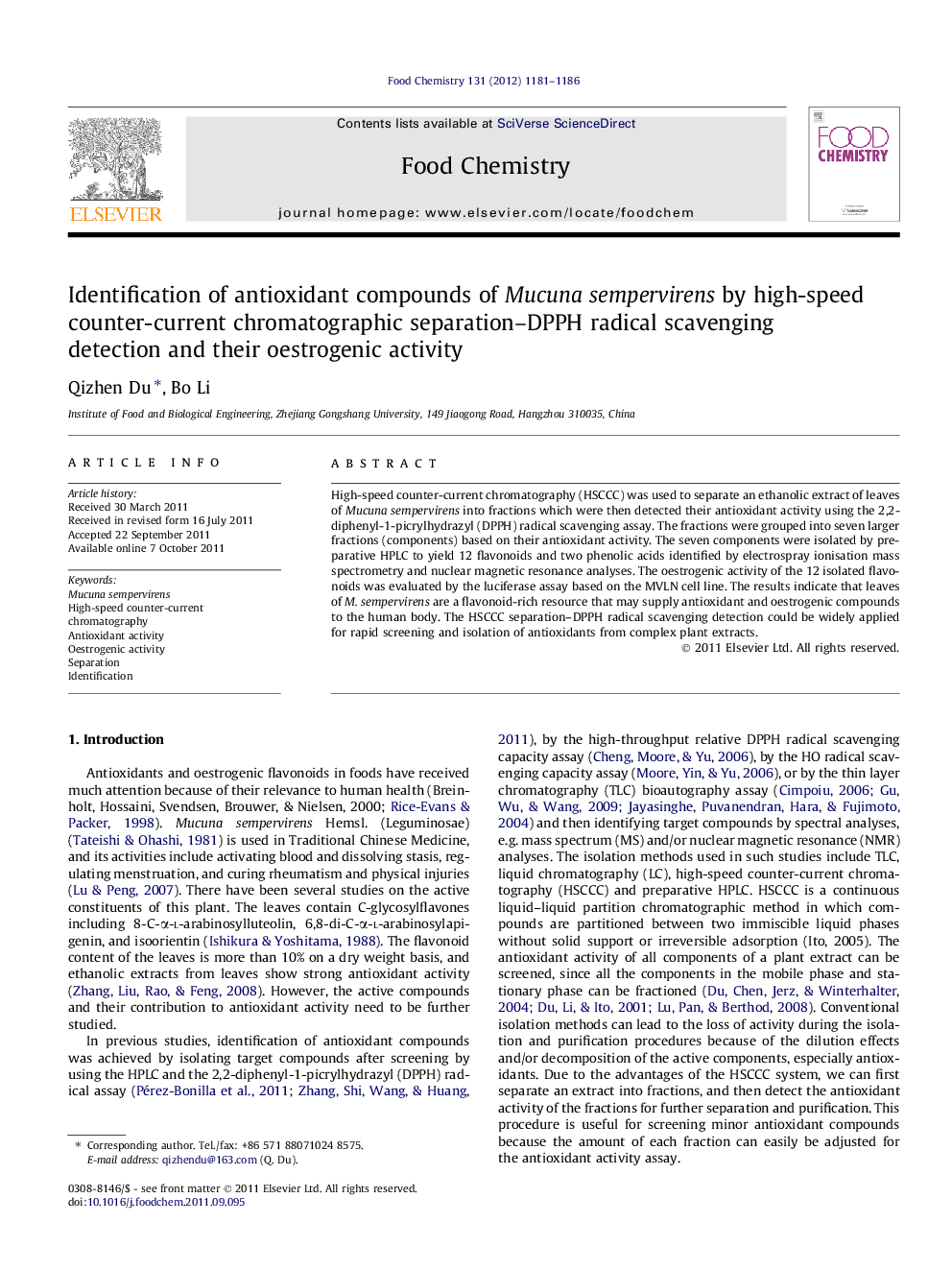 Identification of antioxidant compounds of Mucuna sempervirens by high-speed counter-current chromatographic separation-DPPH radical scavenging detection and their oestrogenic activity