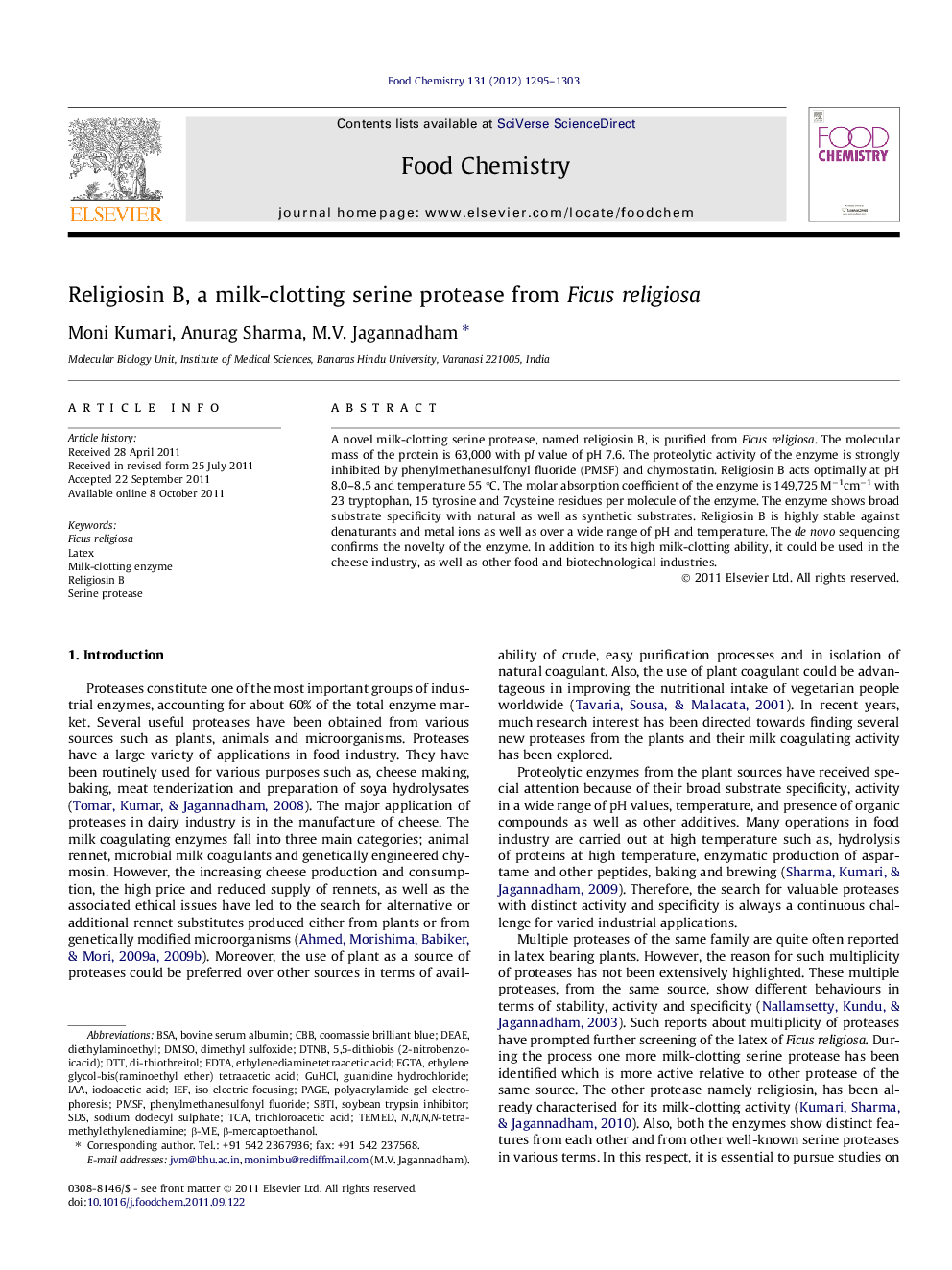 Religiosin B, a milk-clotting serine protease from Ficus religiosa