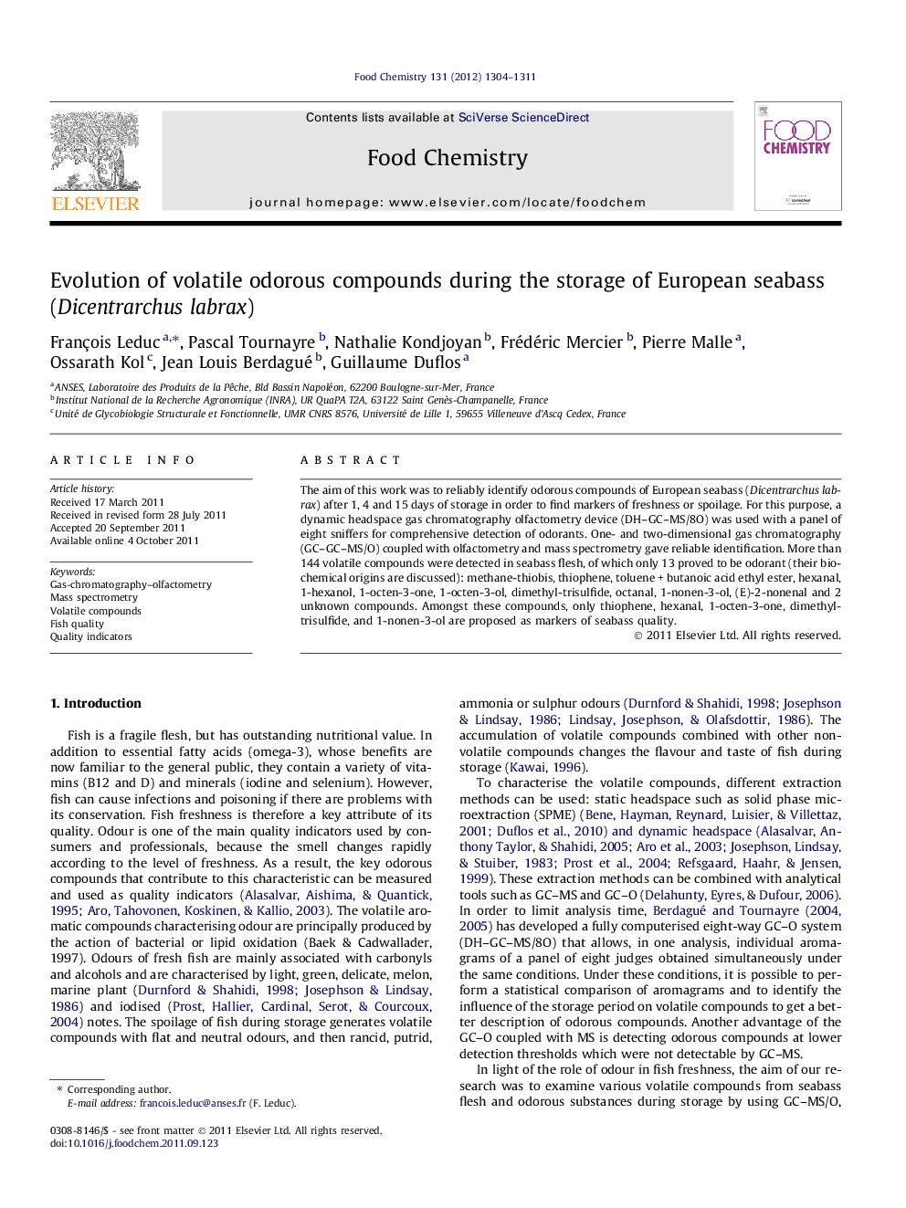 Evolution of volatile odorous compounds during the storage of European seabass (Dicentrarchus labrax)