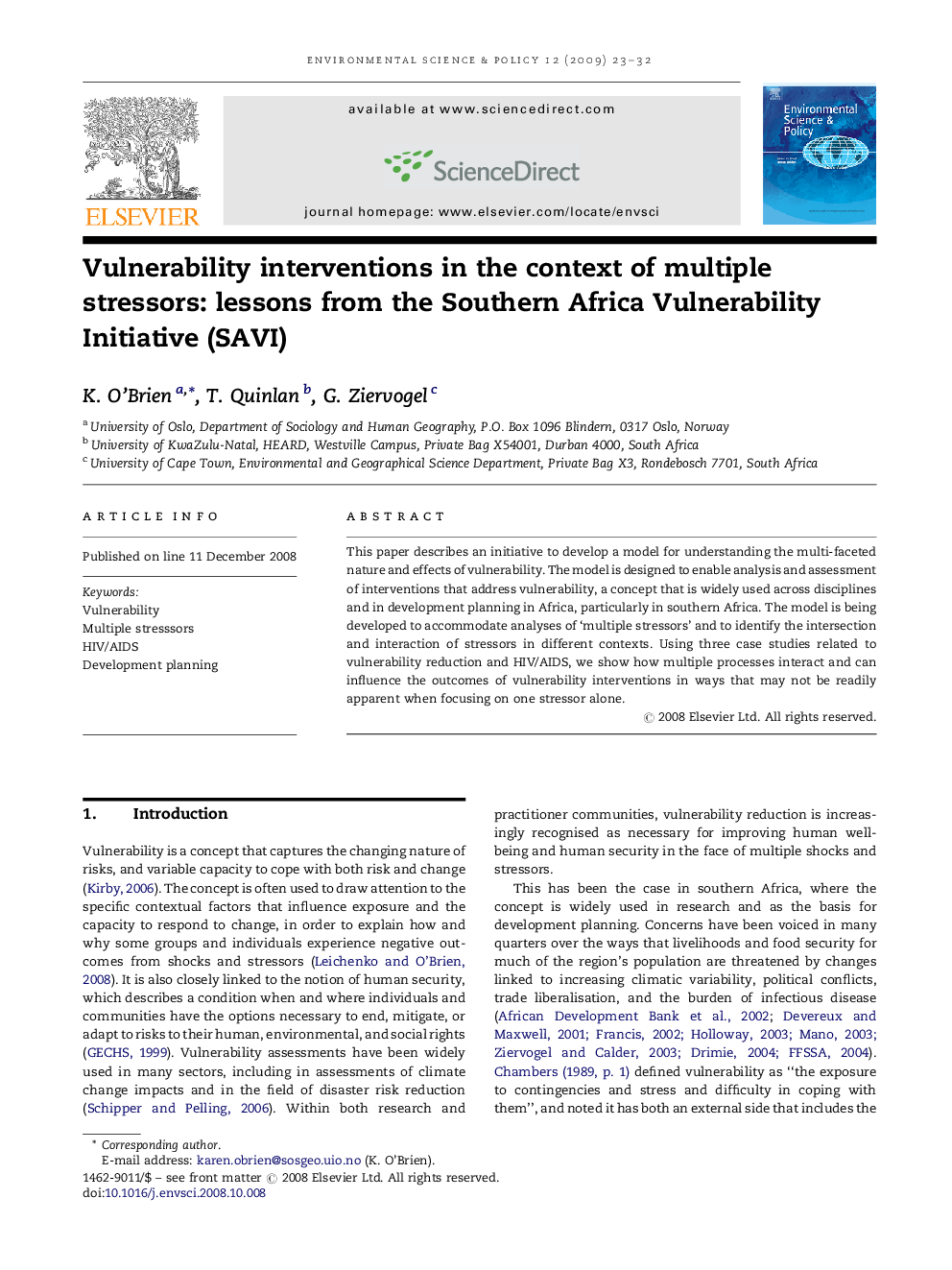 Vulnerability interventions in the context of multiple stressors: lessons from the Southern Africa Vulnerability Initiative (SAVI)