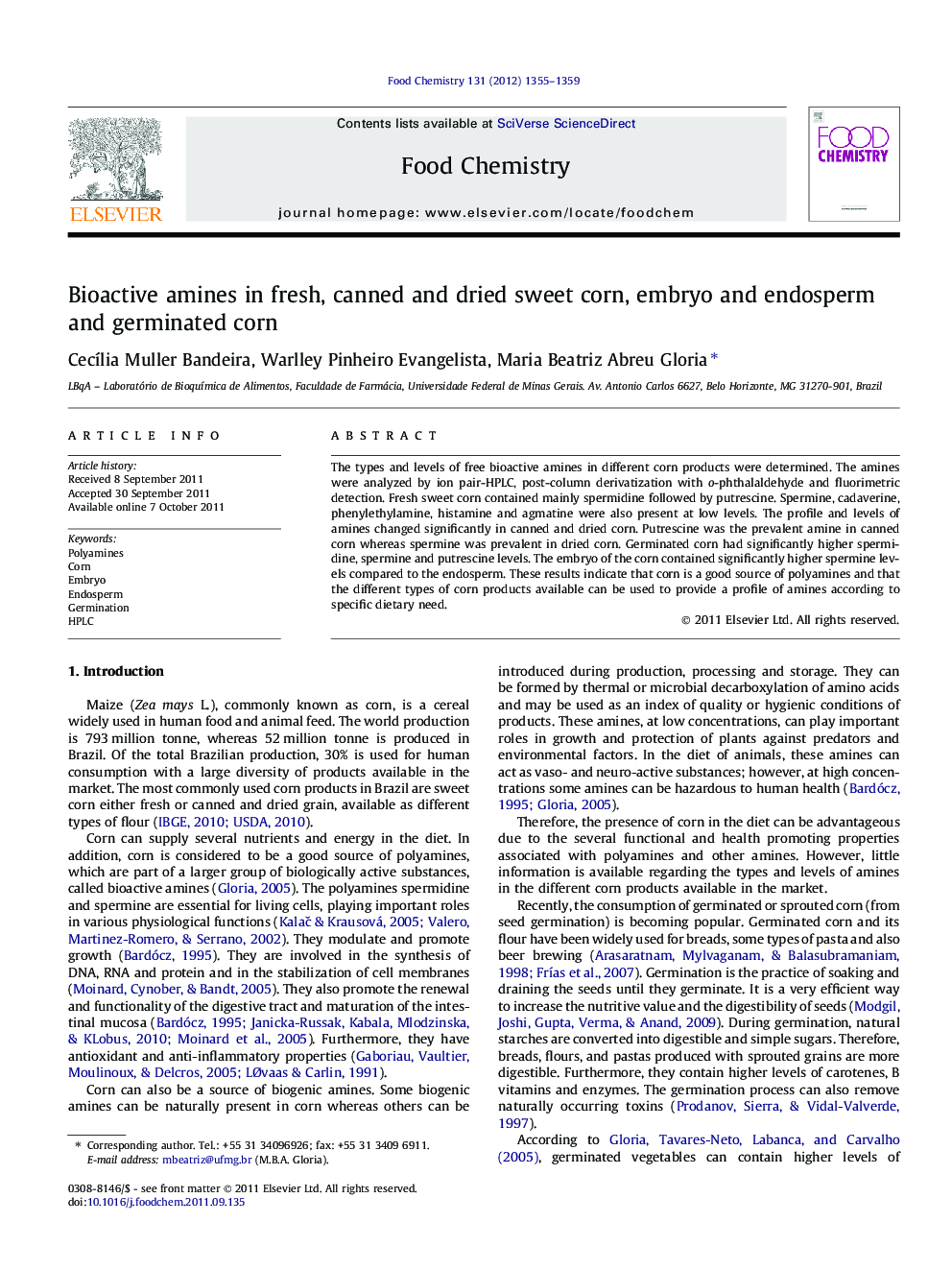 Bioactive amines in fresh, canned and dried sweet corn, embryo and endosperm and germinated corn