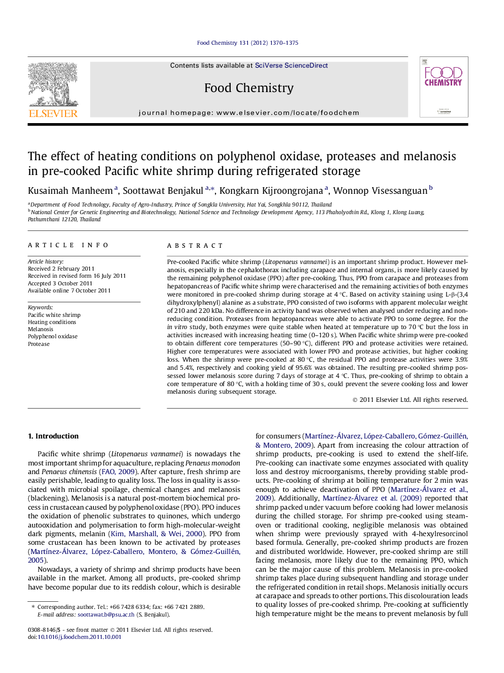 The effect of heating conditions on polyphenol oxidase, proteases and melanosis in pre-cooked Pacific white shrimp during refrigerated storage