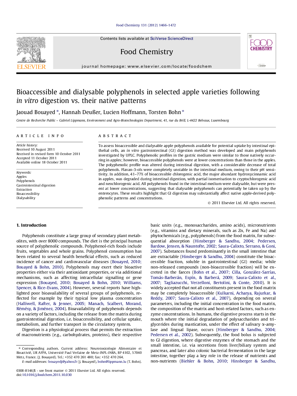 Bioaccessible and dialysable polyphenols in selected apple varieties following in vitro digestion vs. their native patterns