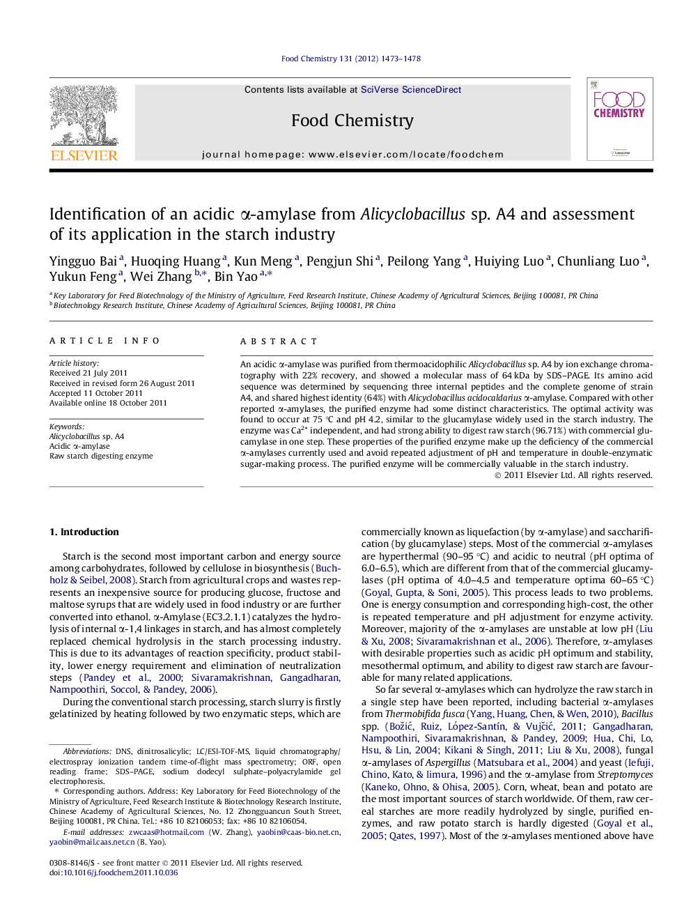 Identification of an acidic Î±-amylase from Alicyclobacillus sp. A4 and assessment of its application in the starch industry