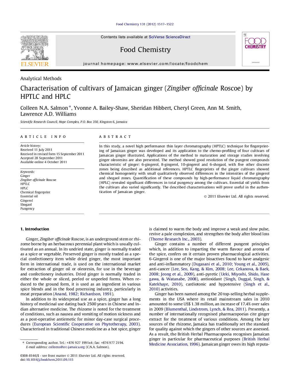 Characterisation of cultivars of Jamaican ginger (Zingiber officinale Roscoe) by HPTLC and HPLC