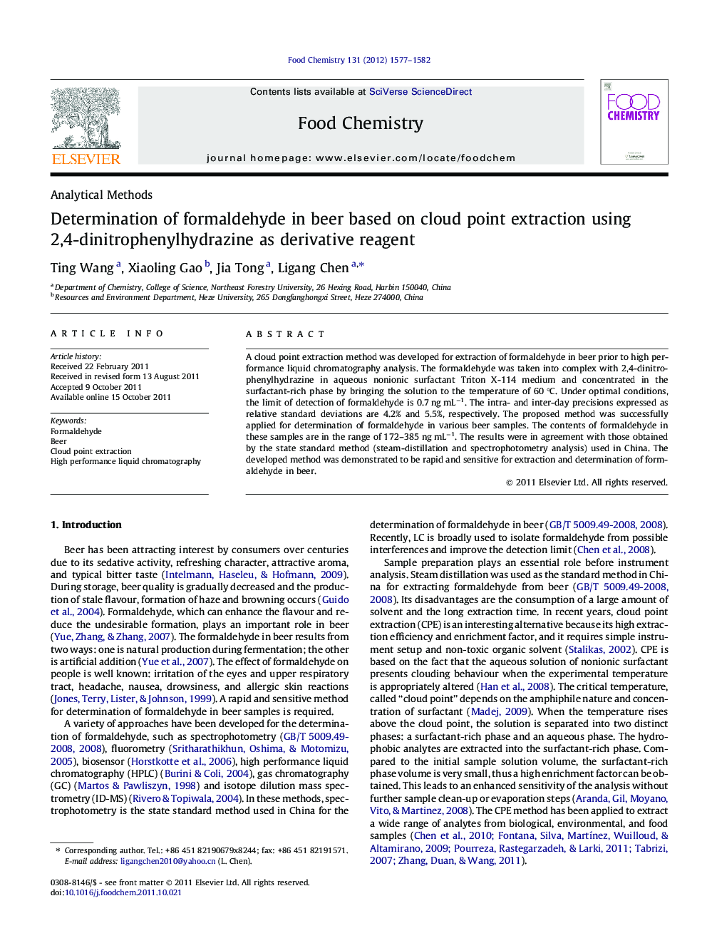 Determination of formaldehyde in beer based on cloud point extraction using 2,4-dinitrophenylhydrazine as derivative reagent