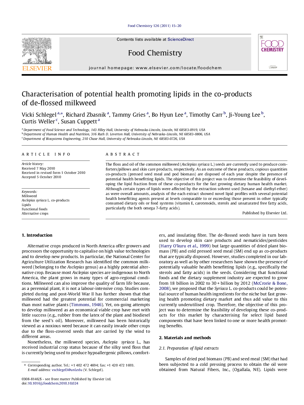 Characterisation of potential health promoting lipids in the co-products of de-flossed milkweed