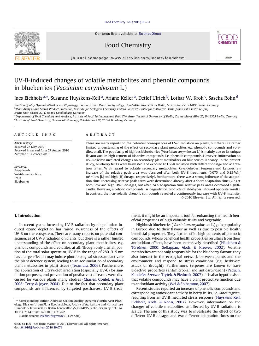 UV-B-induced changes of volatile metabolites and phenolic compounds in blueberries (Vaccinium corymbosum L.)