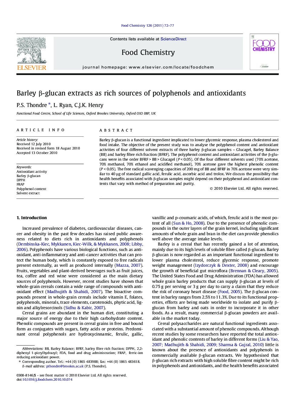 Barley Î²-glucan extracts as rich sources of polyphenols and antioxidants