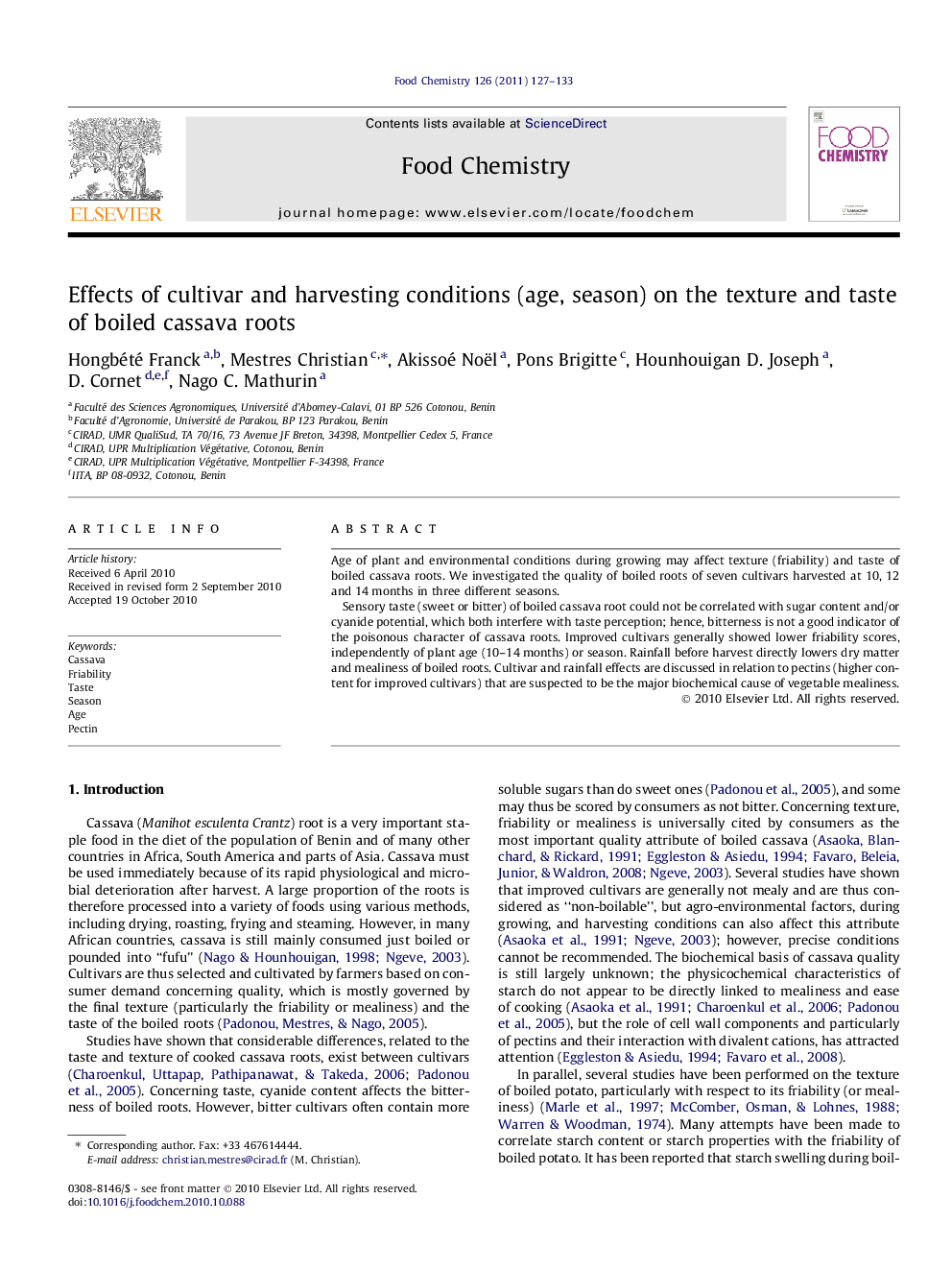 Effects of cultivar and harvesting conditions (age, season) on the texture and taste of boiled cassava roots