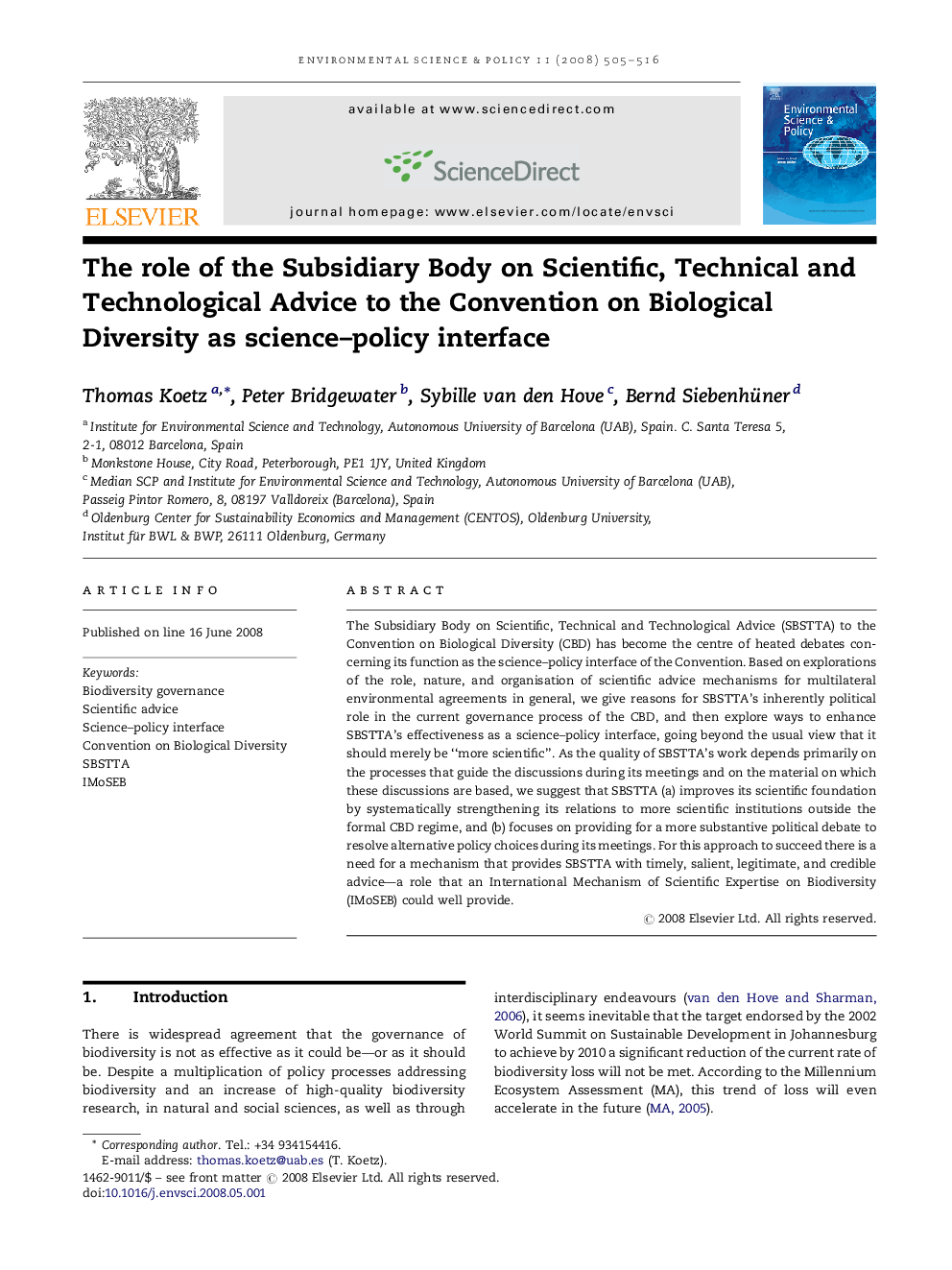 The role of the Subsidiary Body on Scientific, Technical and Technological Advice to the Convention on Biological Diversity as science–policy interface