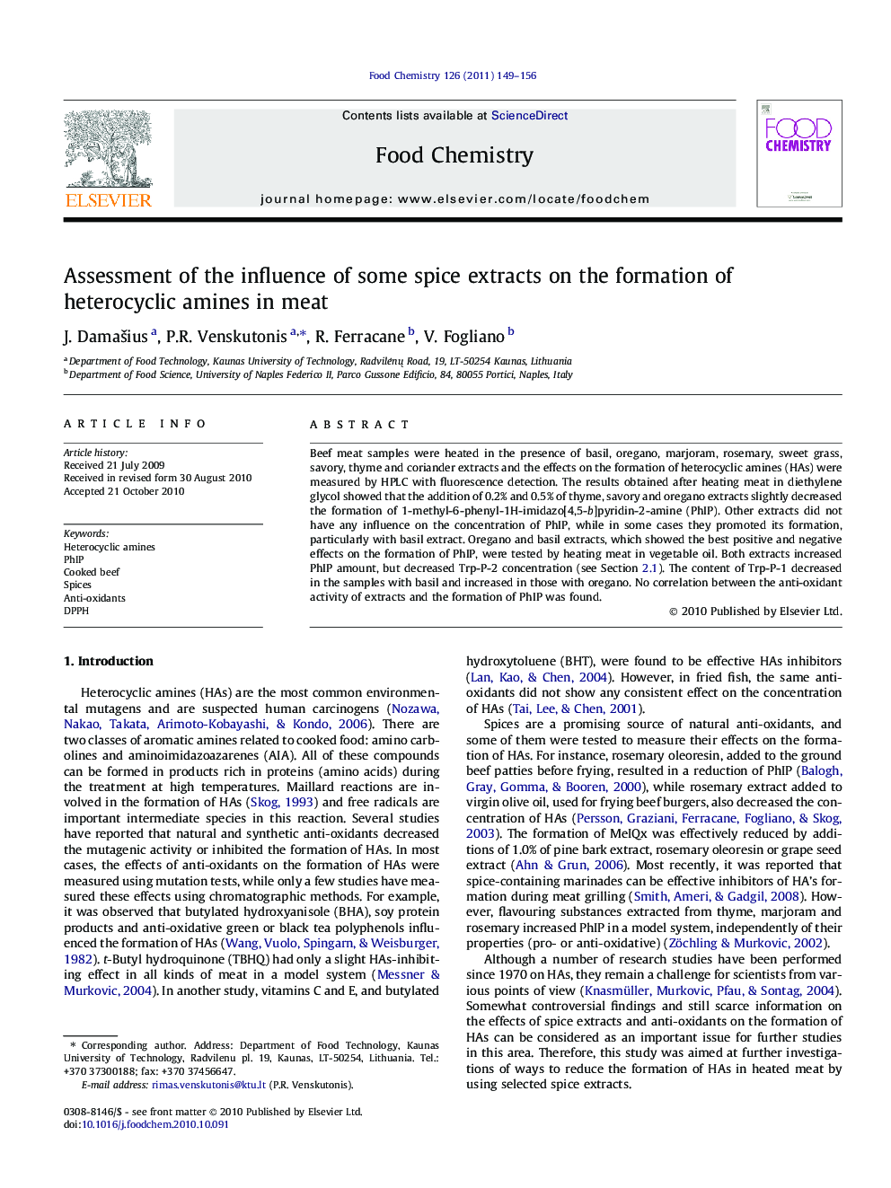 Assessment of the influence of some spice extracts on the formation of heterocyclic amines in meat