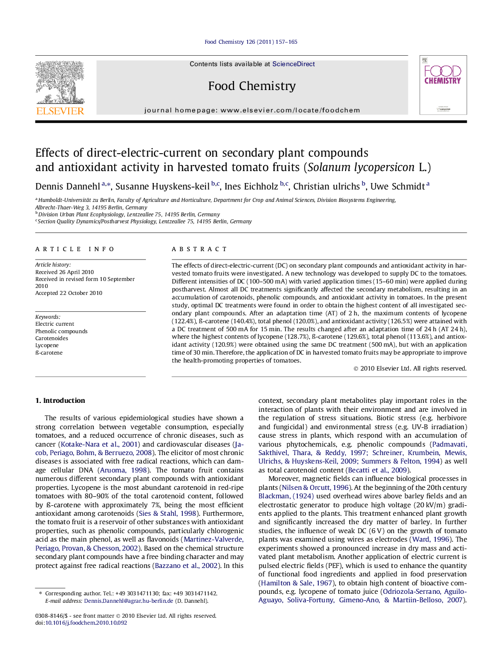 Effects of direct-electric-current on secondary plant compounds and antioxidant activity in harvested tomato fruits (Solanum lycopersicon L.)