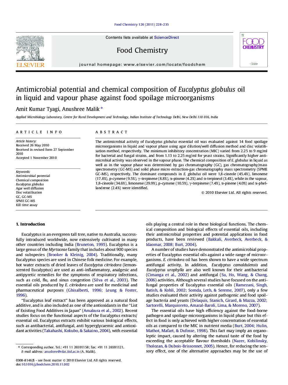 Antimicrobial potential and chemical composition of Eucalyptusglobulus oil in liquid and vapour phase against food spoilage microorganisms