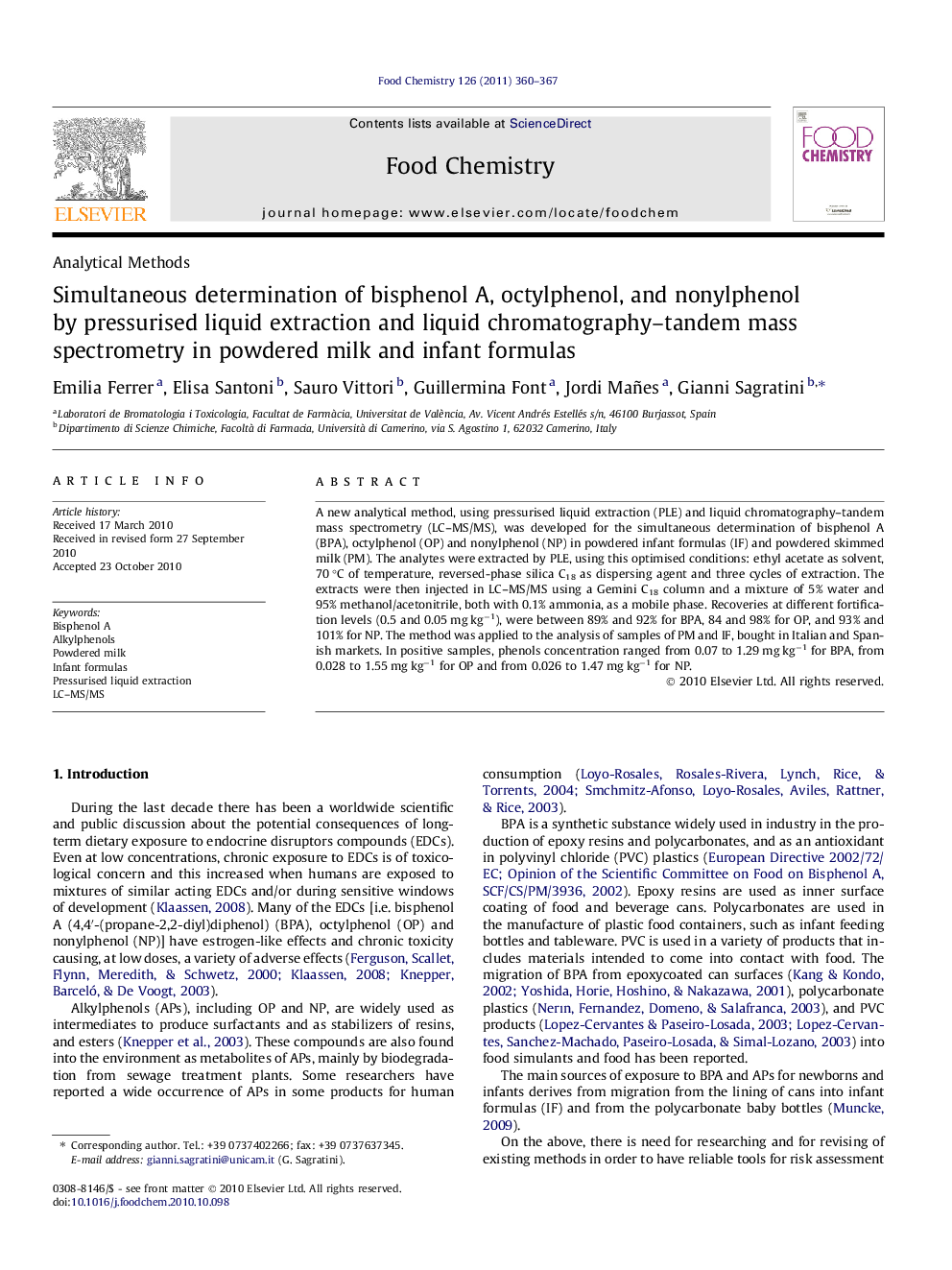 Simultaneous determination of bisphenol A, octylphenol, and nonylphenol by pressurised liquid extraction and liquid chromatography-tandem mass spectrometry in powdered milk and infant formulas