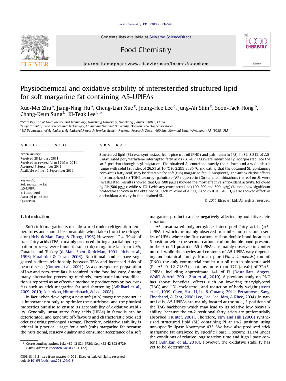 Physiochemical and oxidative stability of interesterified structured lipid for soft margarine fat containing Î5-UPIFAs