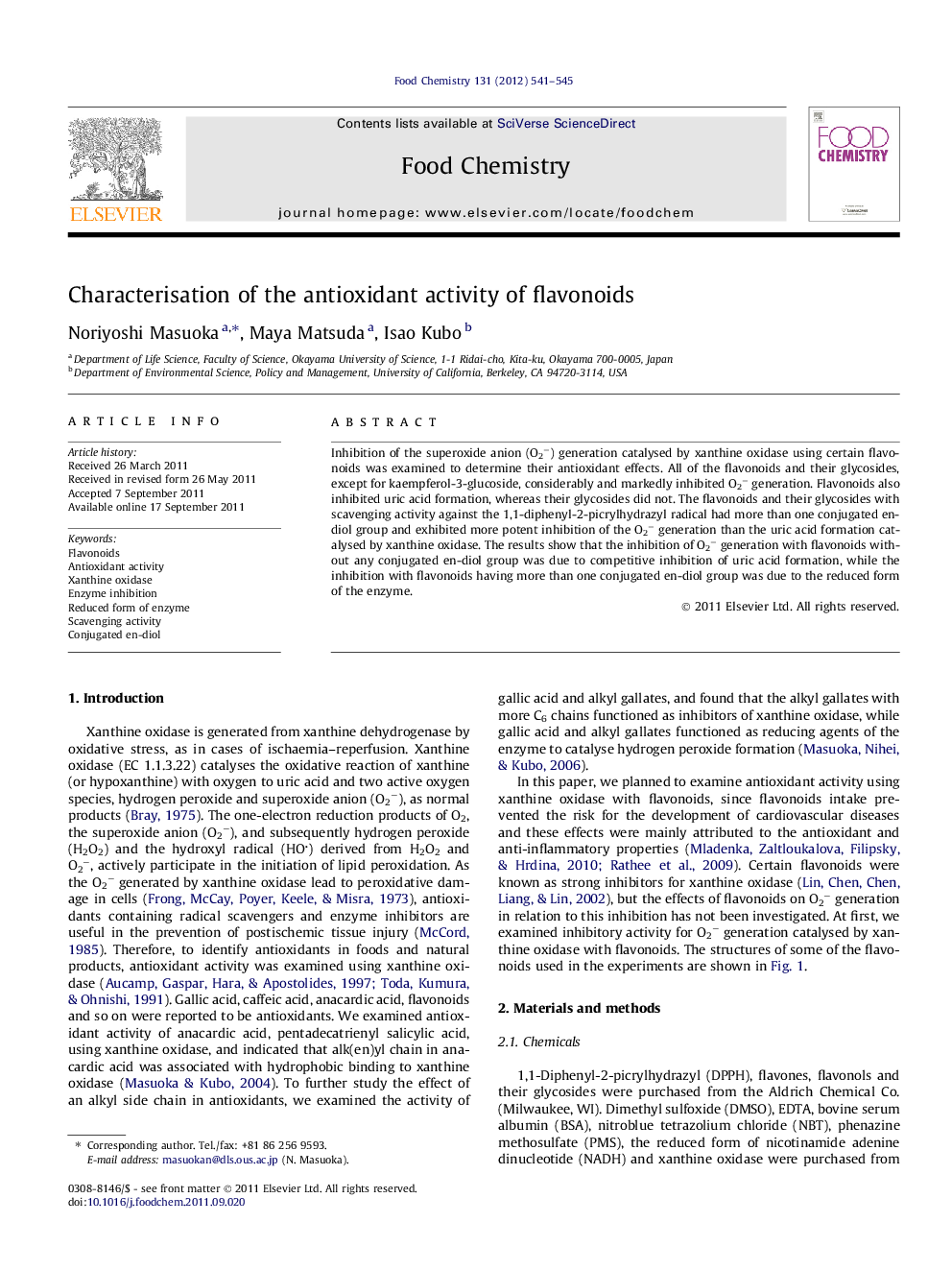 Characterisation of the antioxidant activity of flavonoids