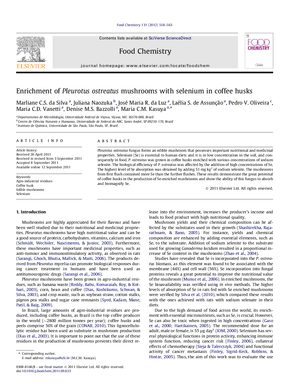 Enrichment of Pleurotus ostreatus mushrooms with selenium in coffee husks