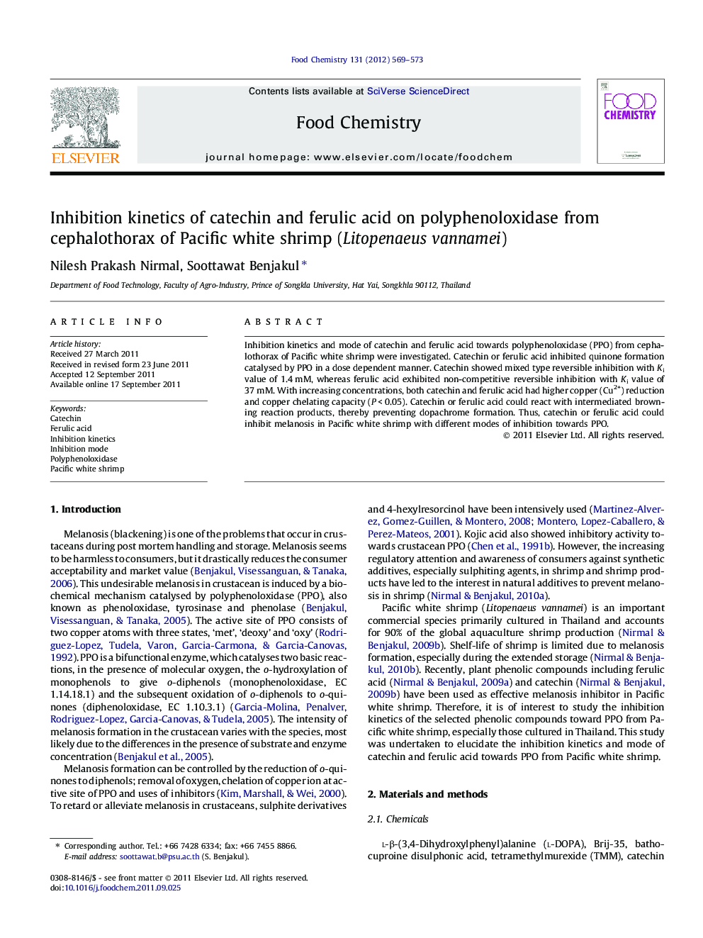 Inhibition kinetics of catechin and ferulic acid on polyphenoloxidase from cephalothorax of Pacific white shrimp (Litopenaeus vannamei)