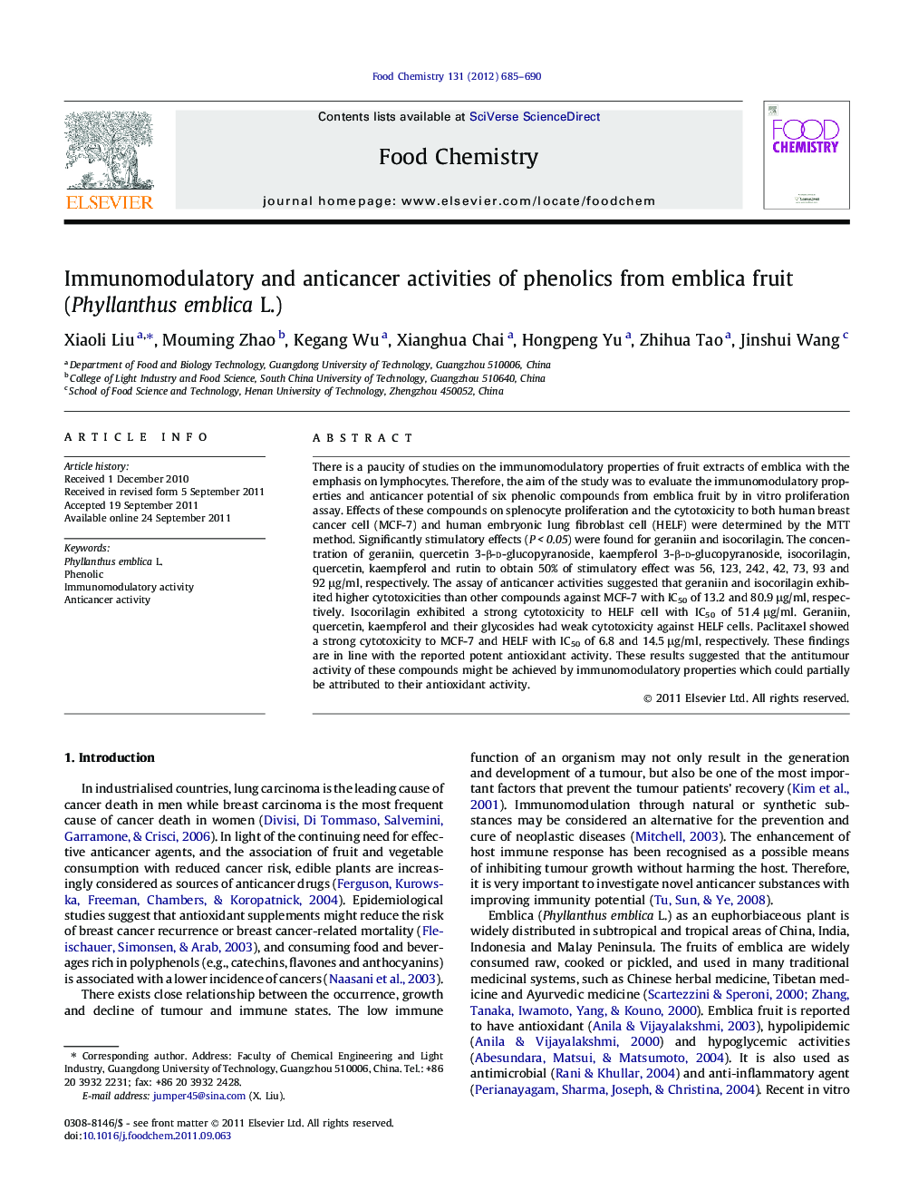 Immunomodulatory and anticancer activities of phenolics from emblica fruit (Phyllanthus emblica L.)