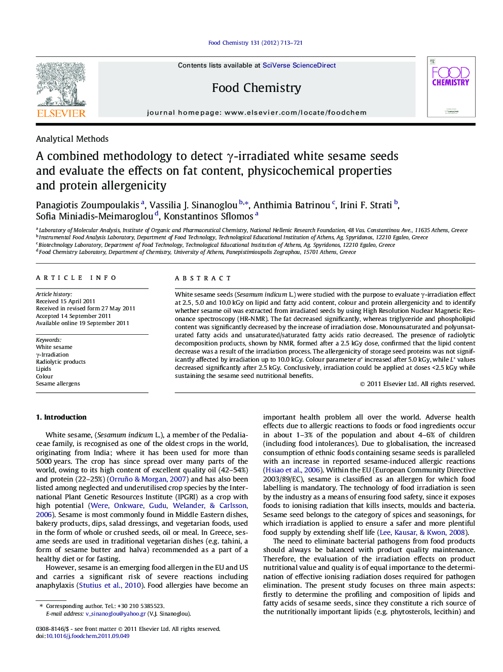 A combined methodology to detect Î³-irradiated white sesame seeds and evaluate the effects on fat content, physicochemical properties and protein allergenicity