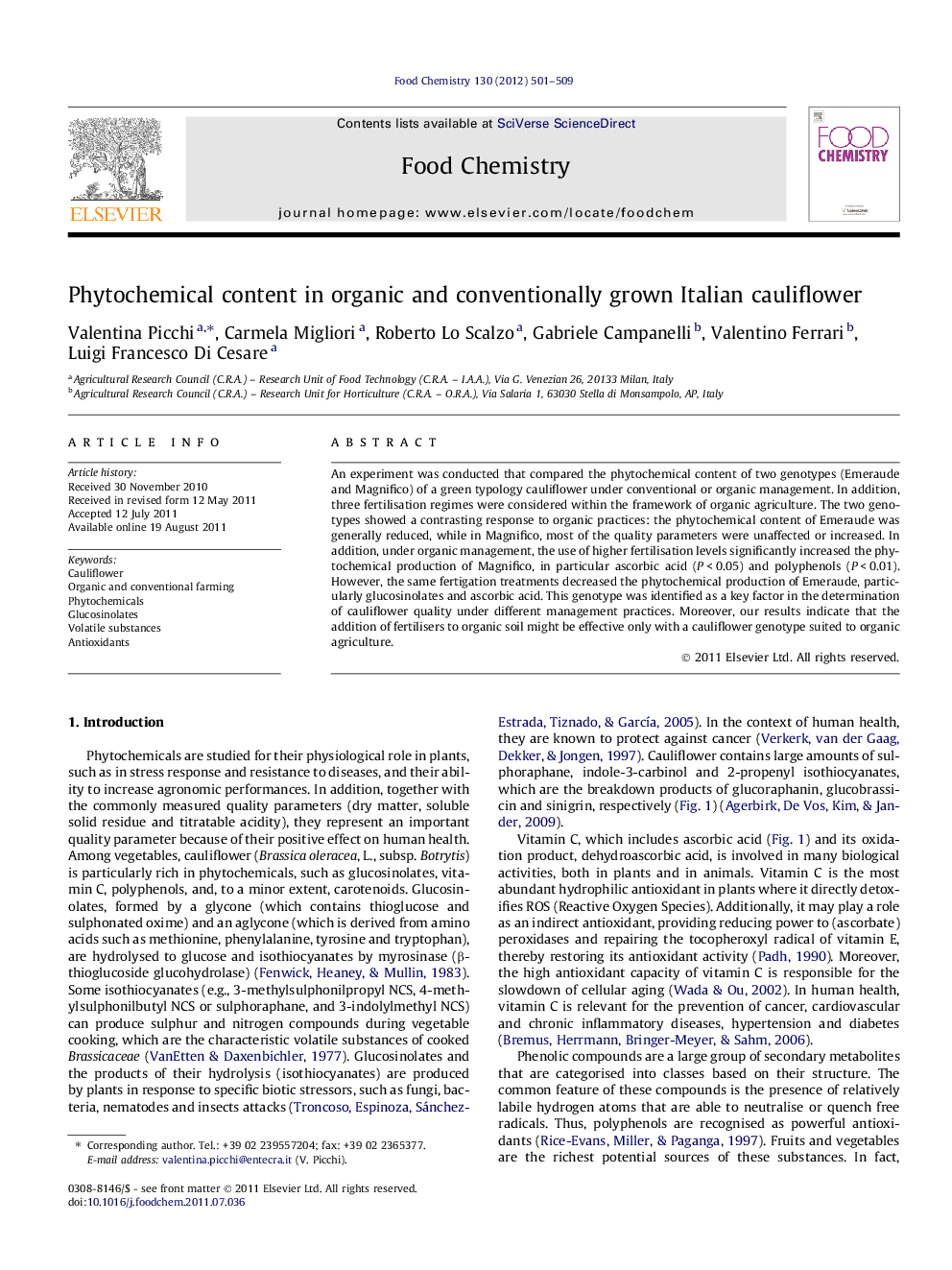 Phytochemical content in organic and conventionally grown Italian cauliflower