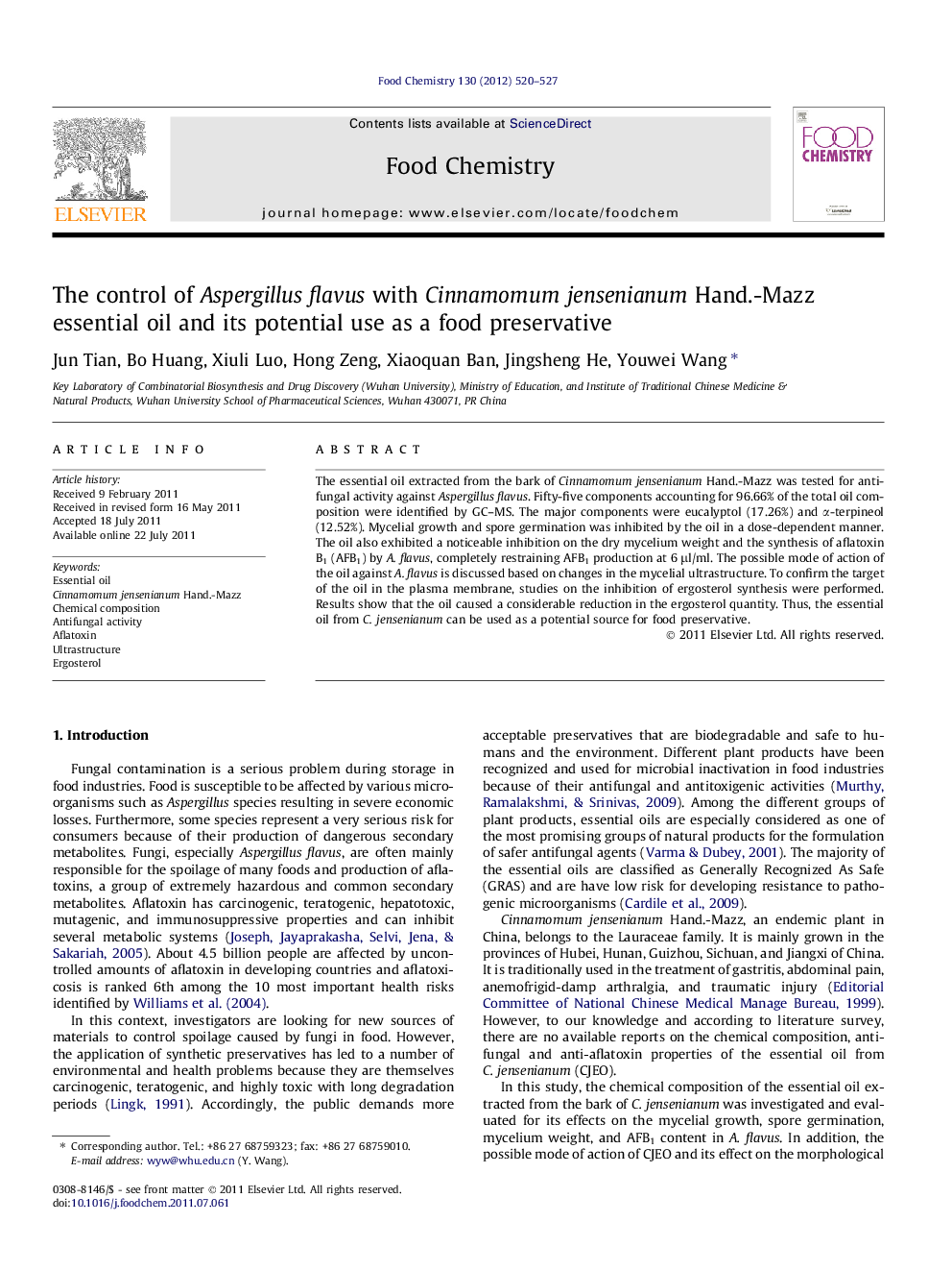 The control of Aspergillus flavus with Cinnamomum jensenianum Hand.-Mazz essential oil and its potential use as a food preservative