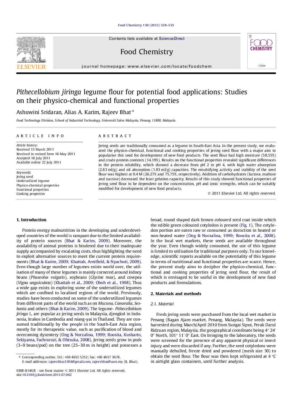 Pithecellobium jiringa legume flour for potential food applications: Studies on their physico-chemical and functional properties