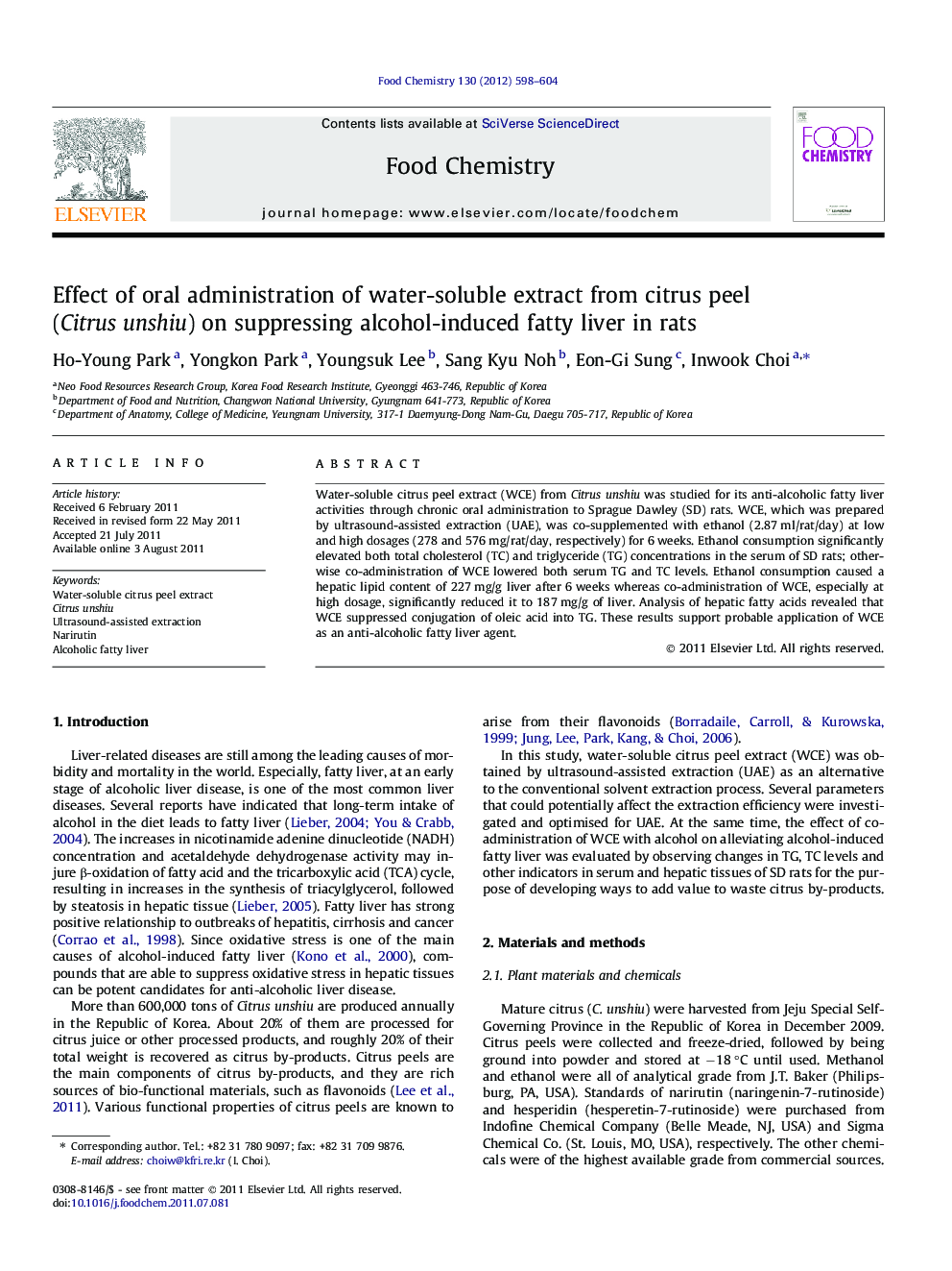 Effect of oral administration of water-soluble extract from citrus peel (Citrus unshiu) on suppressing alcohol-induced fatty liver in rats