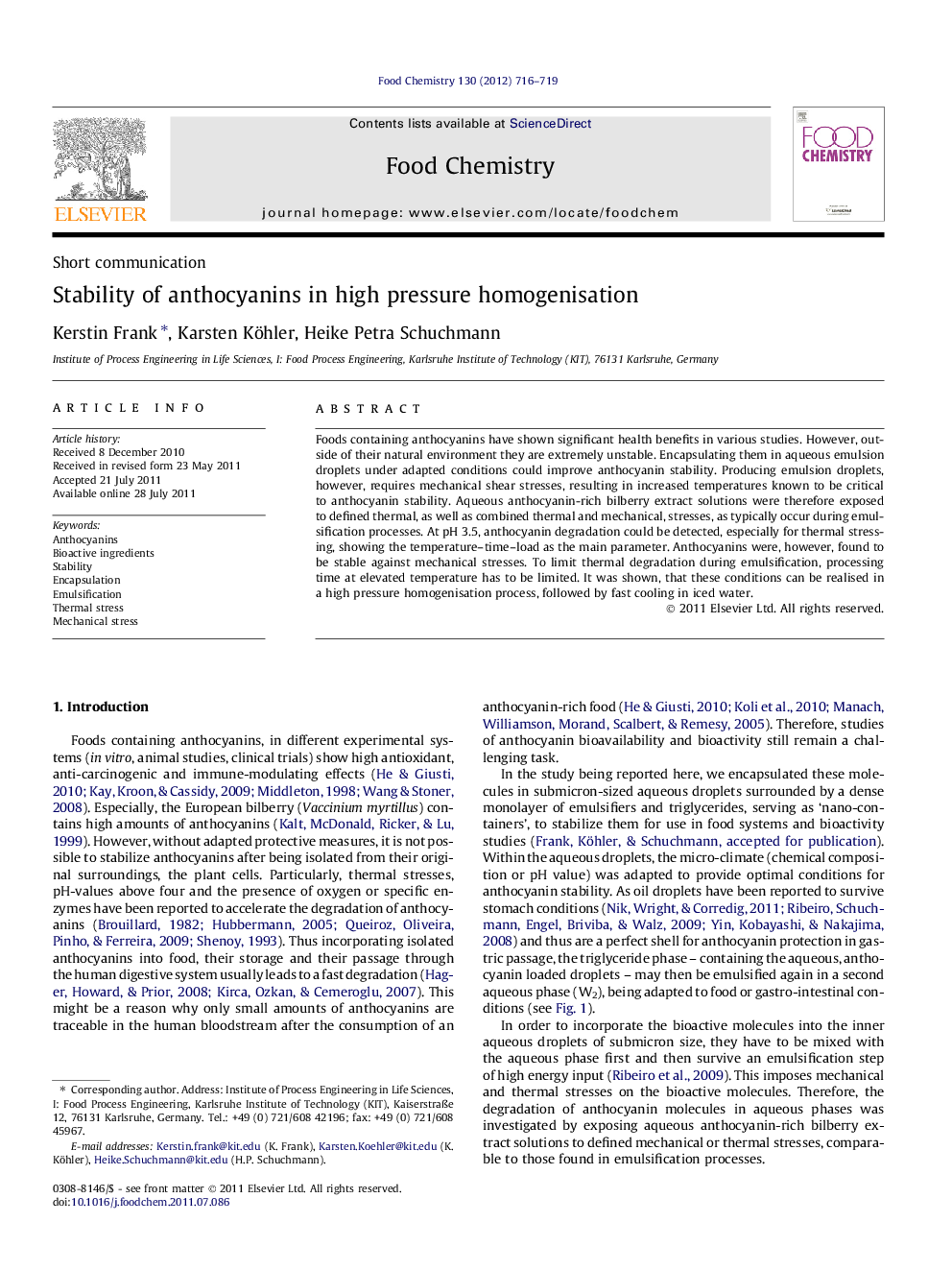 Stability of anthocyanins in high pressure homogenisation