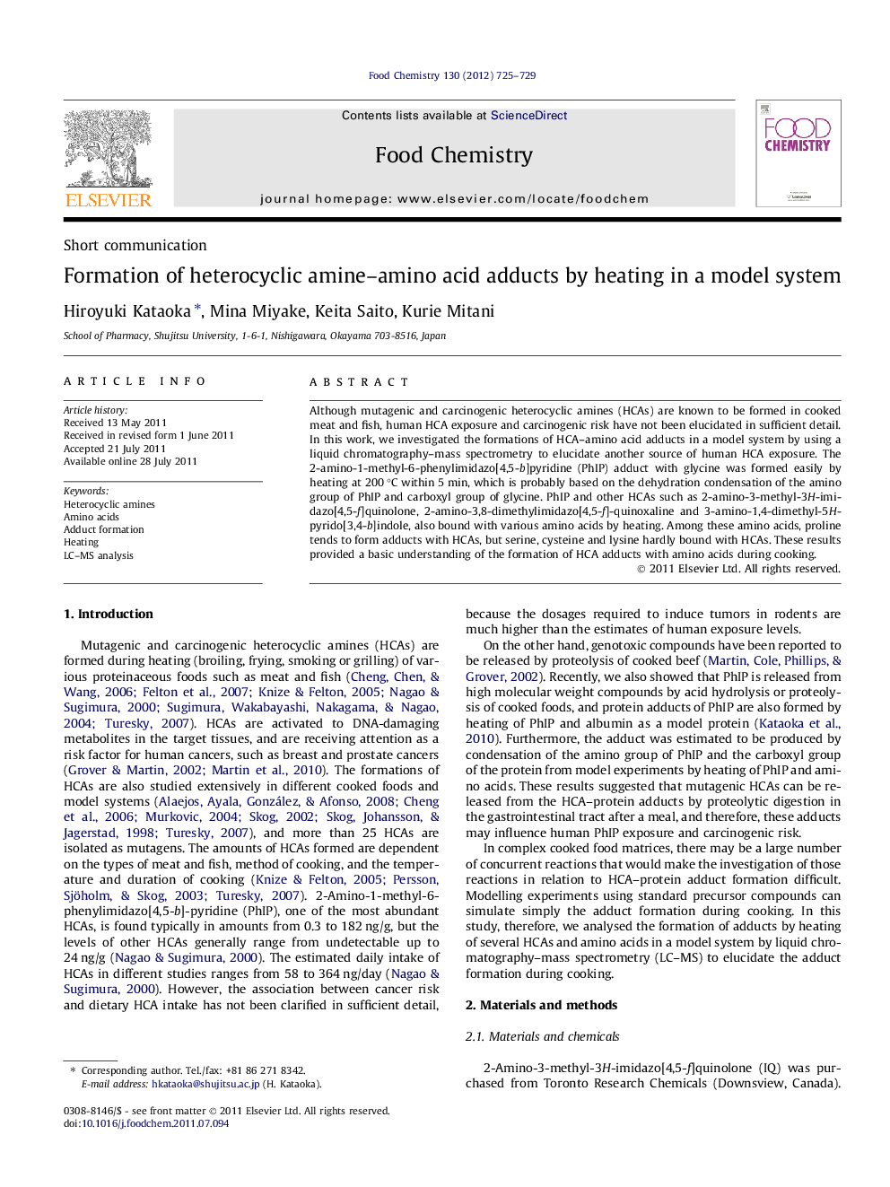 Formation of heterocyclic amine-amino acid adducts by heating in a model system