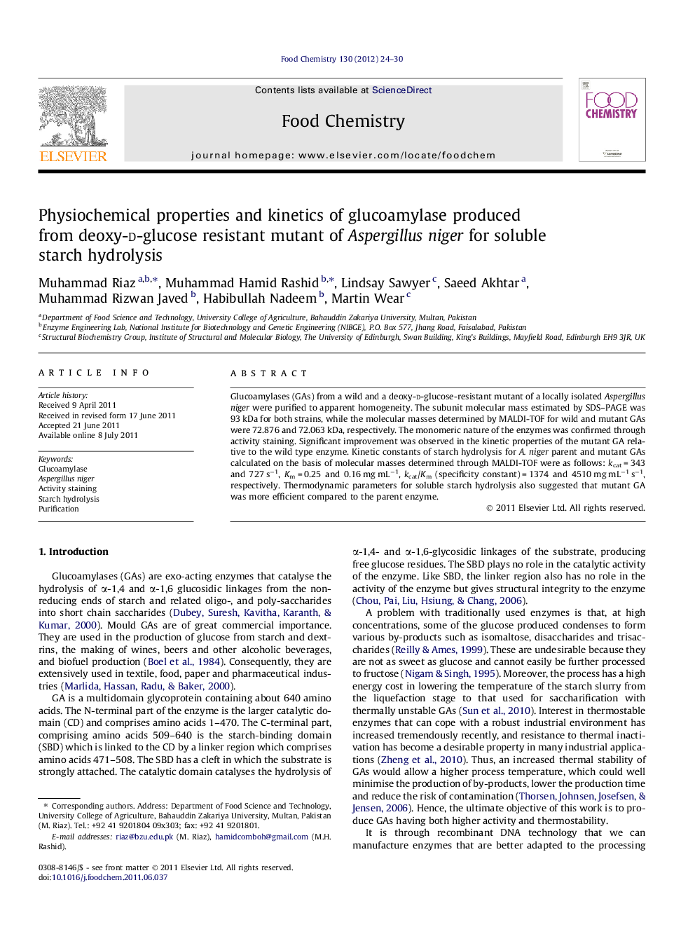 Physiochemical properties and kinetics of glucoamylase produced from deoxy-d-glucose resistant mutant of Aspergillus niger for soluble starch hydrolysis