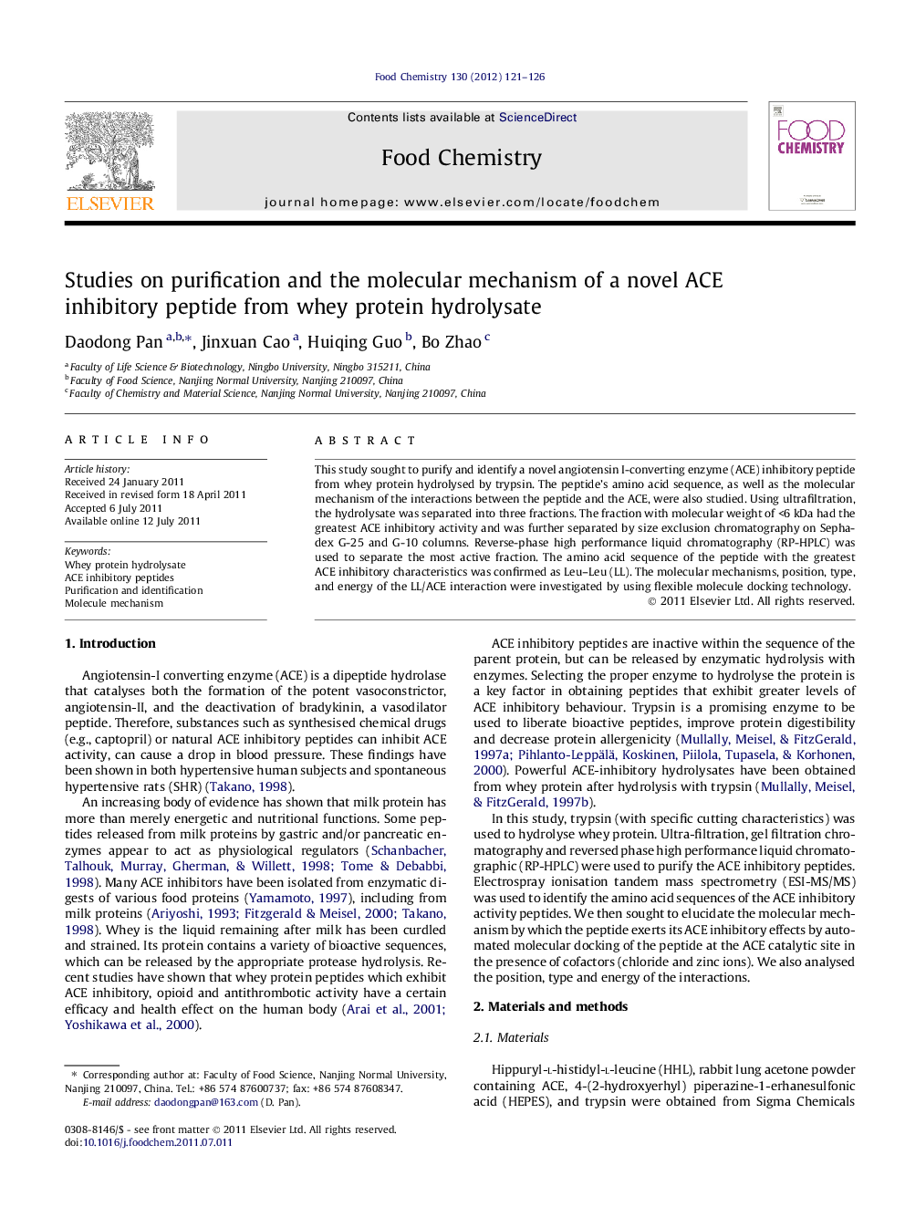 Studies on purification and the molecular mechanism of a novel ACE inhibitory peptide from whey protein hydrolysate