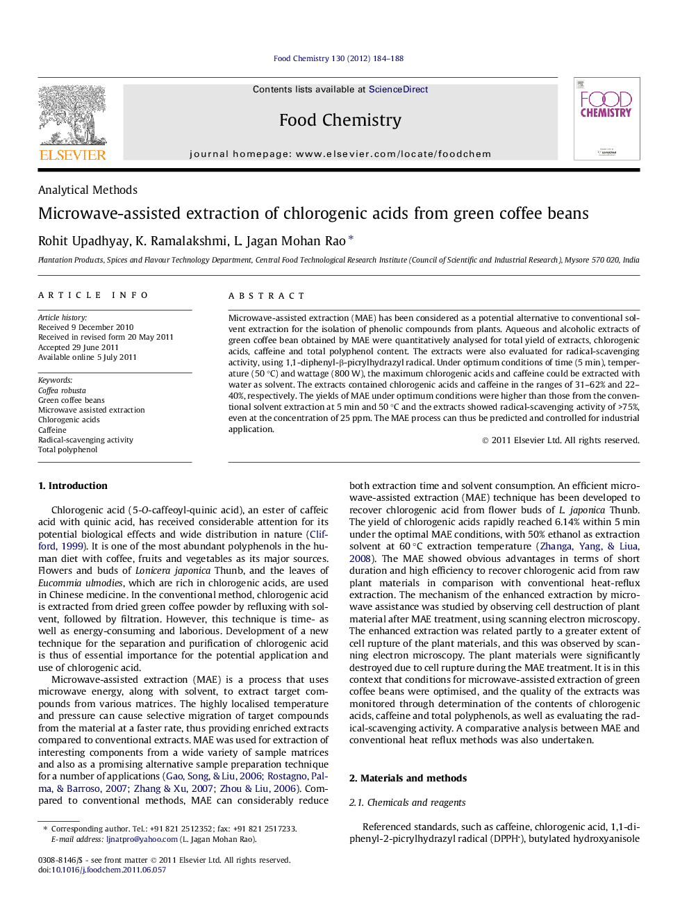 Microwave-assisted extraction of chlorogenic acids from green coffee beans