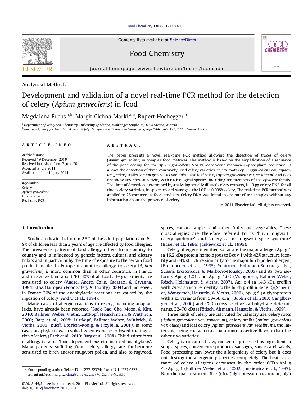 Development and validation of a novel real-time PCR method for the detection of celery (Apium graveolens) in food